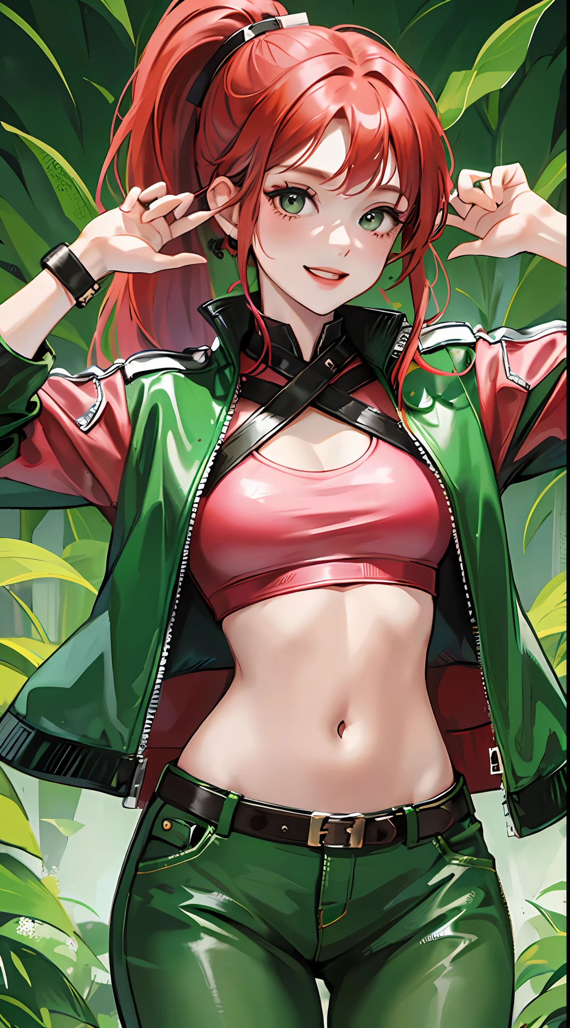 Young girl, long red hair, high ponytail, green eyes, pink top, leather jacket, open belly, smile, masterpiece, high quality