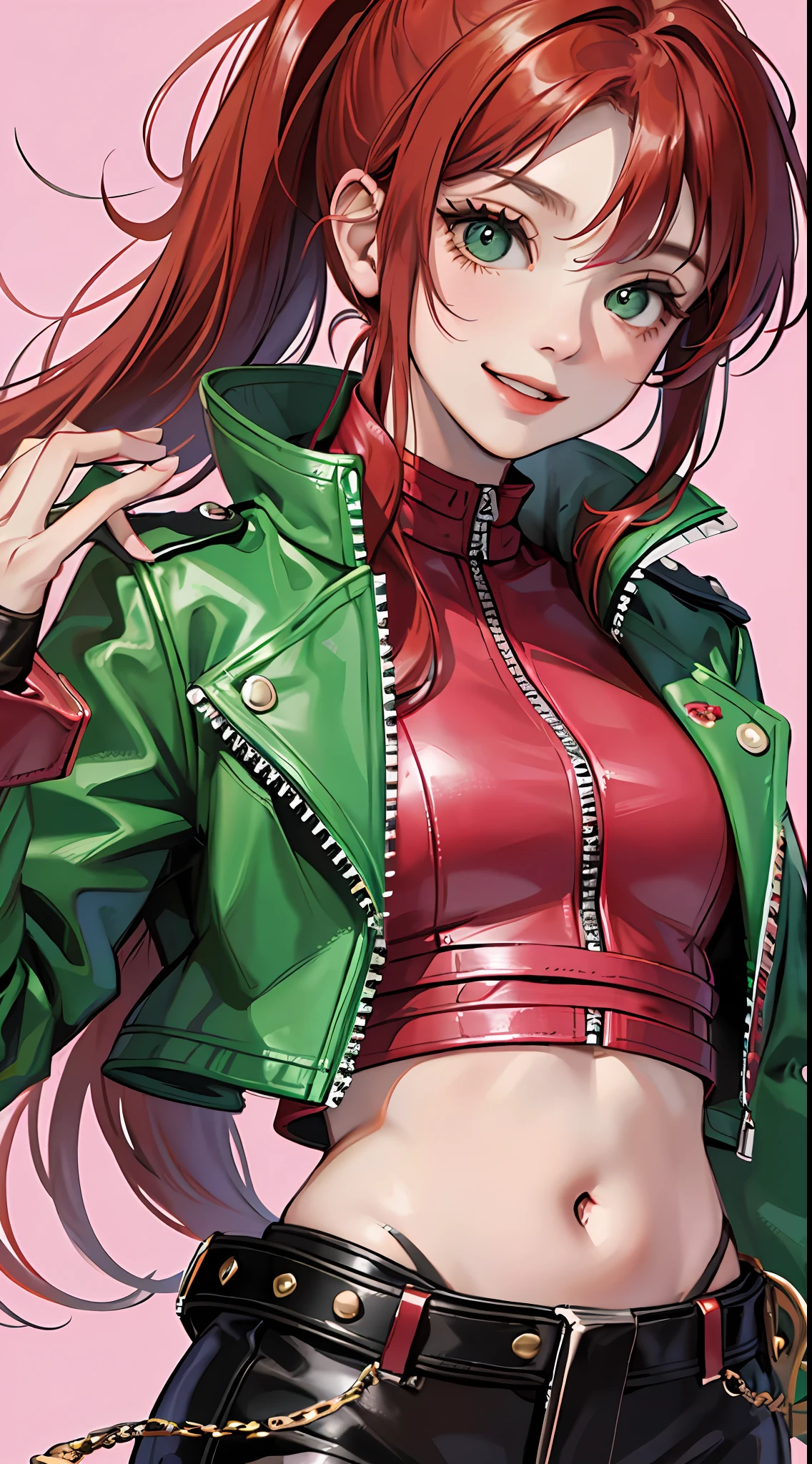 Young girl, long red hair, high ponytail, green eyes, pink top, leather jacket, open belly, smile, masterpiece, high quality