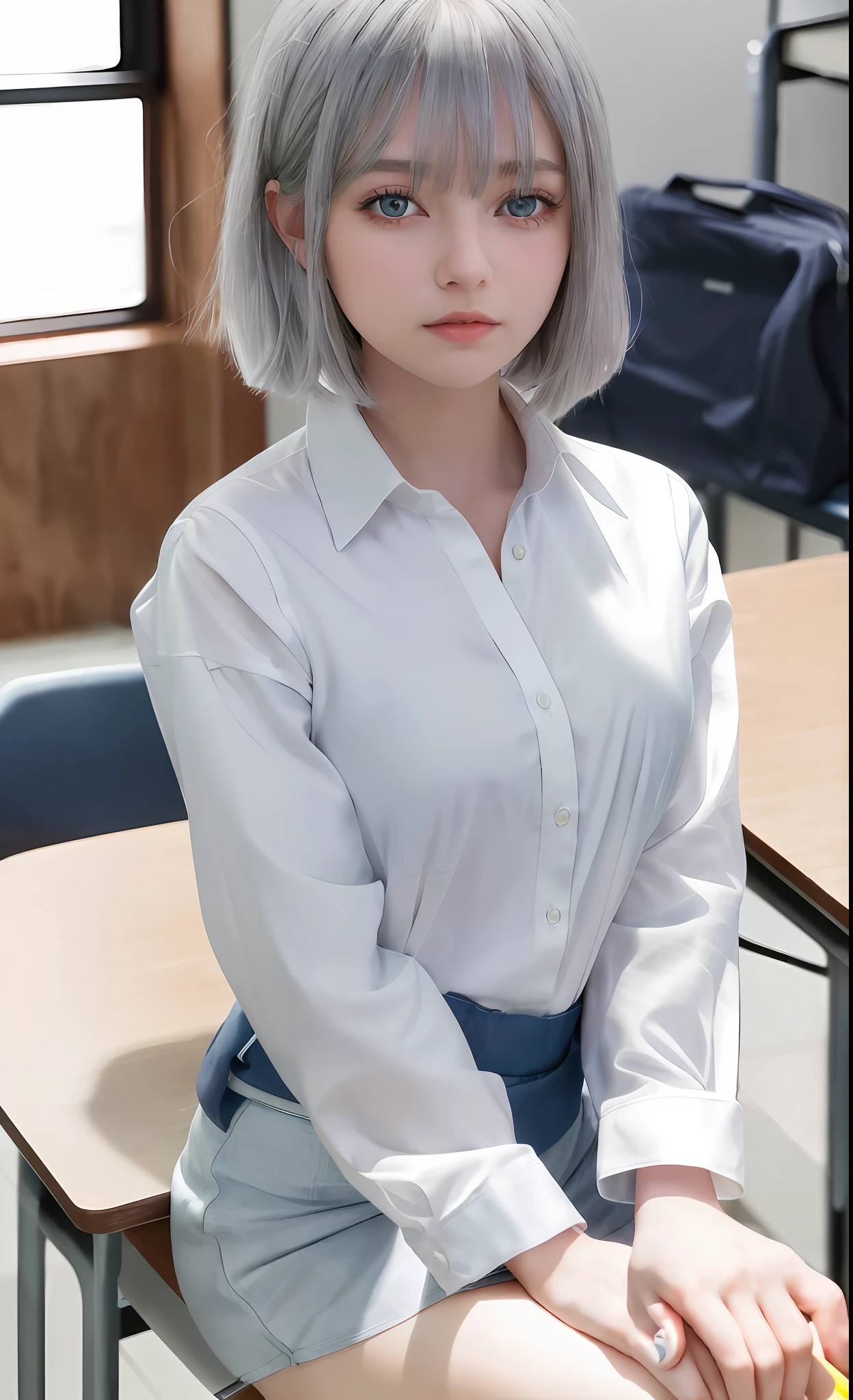 {masterpiece}, (best quality), detailed, {{1 girl}}, (silver hair), (bangs), (tired hair), (short hair: 1.3), (beautiful girl), (dark blue eyes), ( eyelashes), (small breasts: 1.2), (white shirt), {{open shirt}}, (sitting at desk), classroom, daytime, {{th...