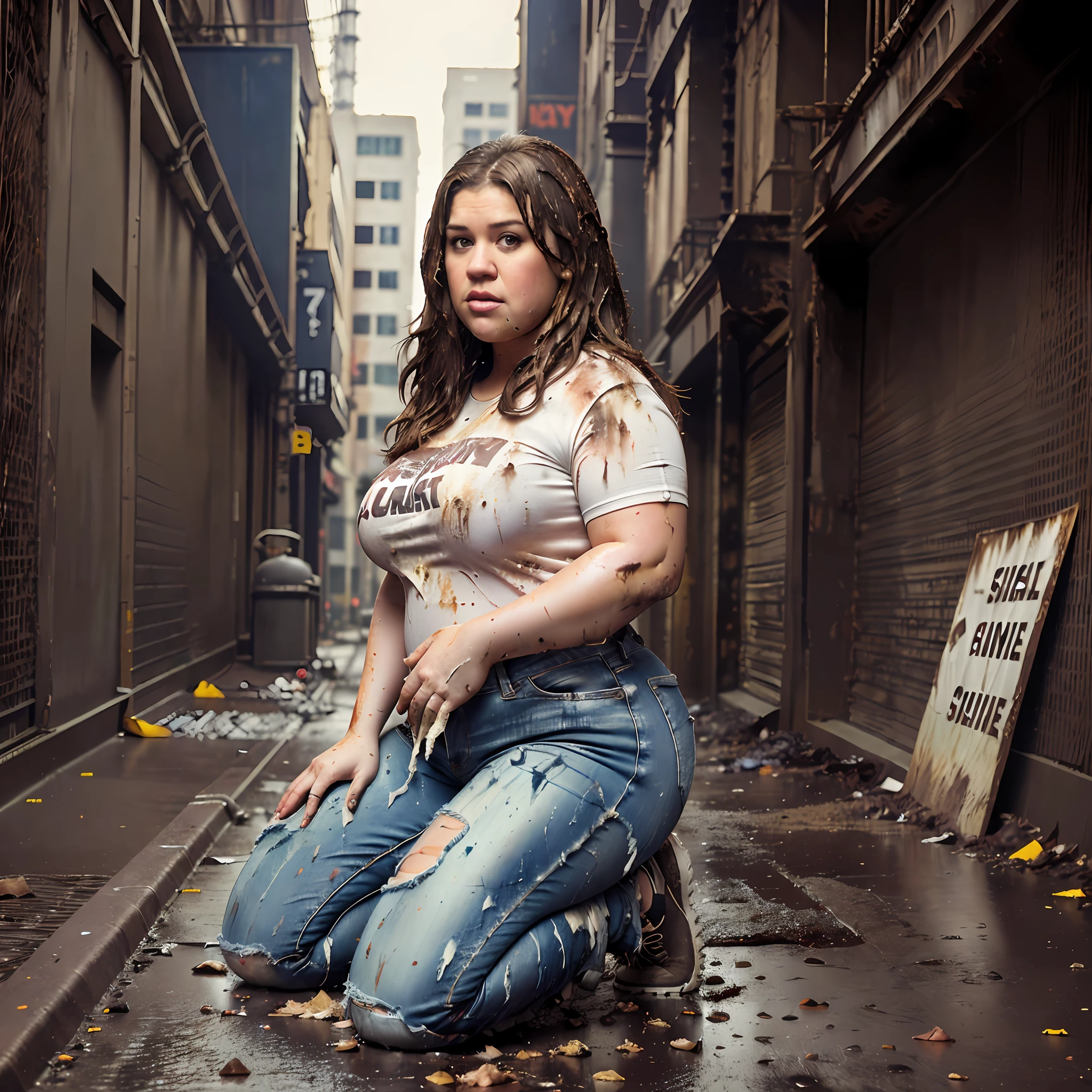 ((Overweight)) ((chubby)), Kelly Clarkson, small breasts, long brown hair, wearing jeans, t-shirt, runners, subject kneeling in a sewer ((messy clothes:1.1)) (((full body shot))) (((full length))) (((view side on))) (masterpiece) ((cinematic look))