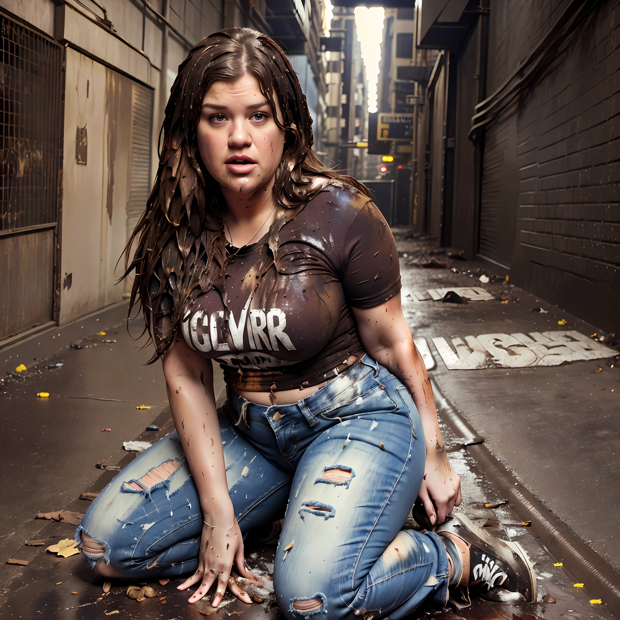 ((Overweight)) ((chubby)), Kelly Clarkson, small breasts, long brown hair, wearing jeans, t-shirt, runners, subject kneeling in a sewer ((messy clothes:1.1)) (((full body shot))) (((full length))) (((view side on))) (masterpiece) ((cinematic look))