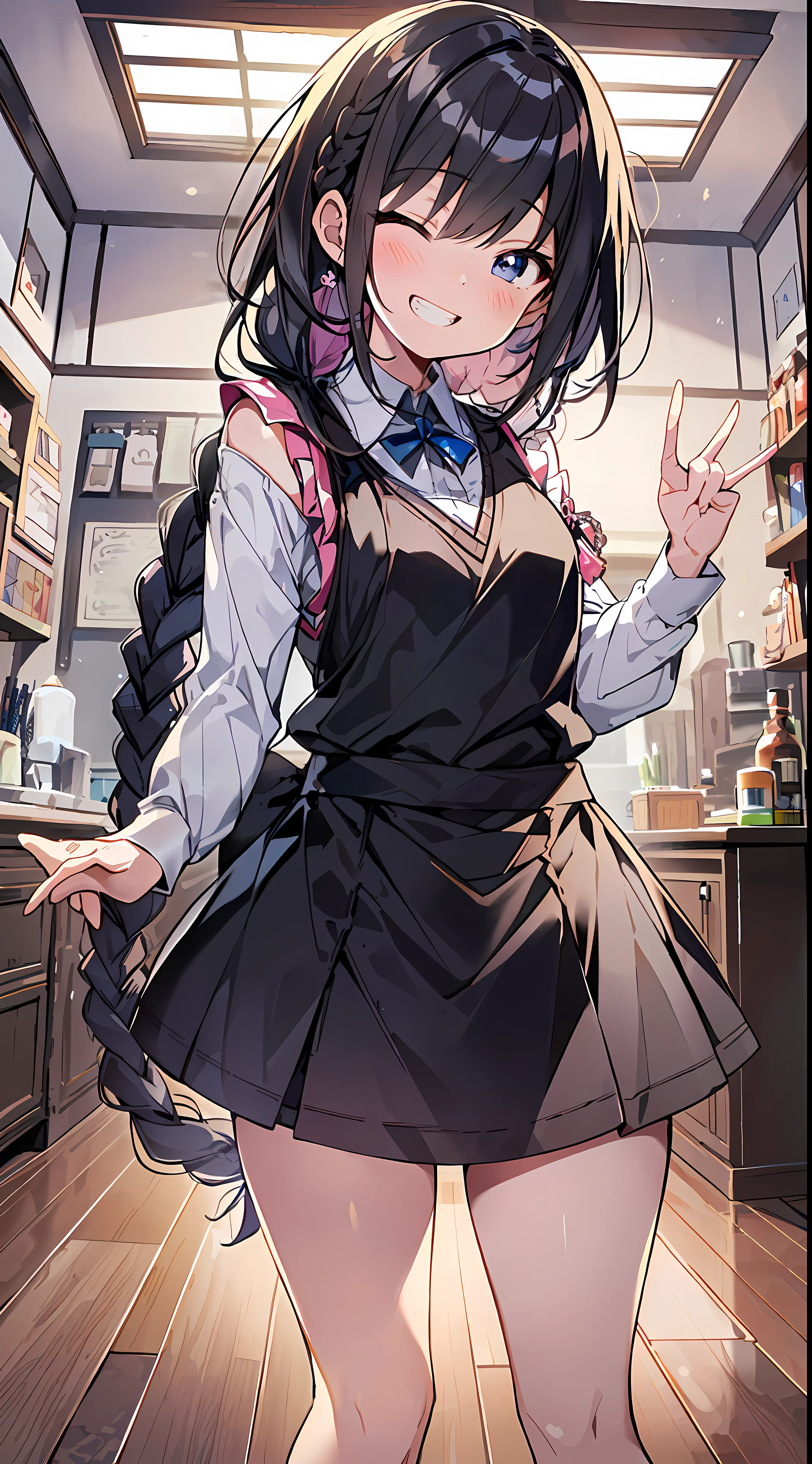 Top Quality, Best Masterpiece, Ultra High Definition, 8K, White Sweater Vest, Anime Style li, Single, Ultra Detailed Line Art, Digital Enhancement, Anime Core, Flowing Fabric, Close Up, ((Hair length to shoulder and short braid)), staring at us from the front, Soft drawing, Beautiful black hair, (((Little gianime style)), Crisp eyes, grin, teeth, wide mouth, closed eyes, highfive, ultra-detailed digital anime art, clear face depictions, ultra-detailed anime character art, ultra-detailed manga style, top quality colors, hand gestures, foot-up angles, indoors