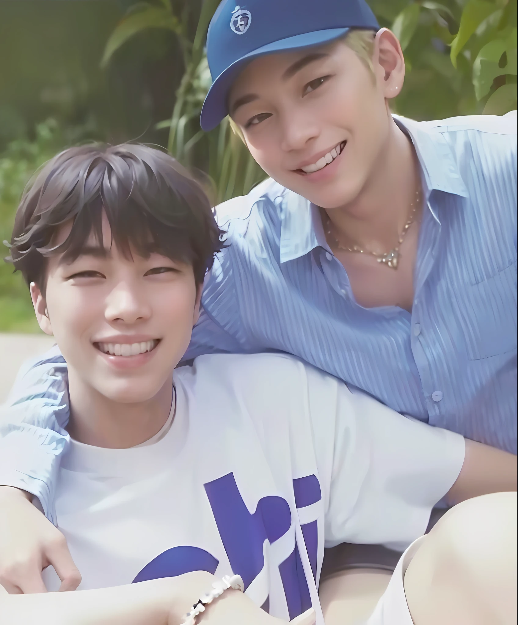 ((beautiful background)), ((two beautiful young boys smiling at the camera)), (((beautiful gay couple)), intricate details, detailed photorealistic portrait, 8k, high resolution, highest quality, masterpiece, artwork