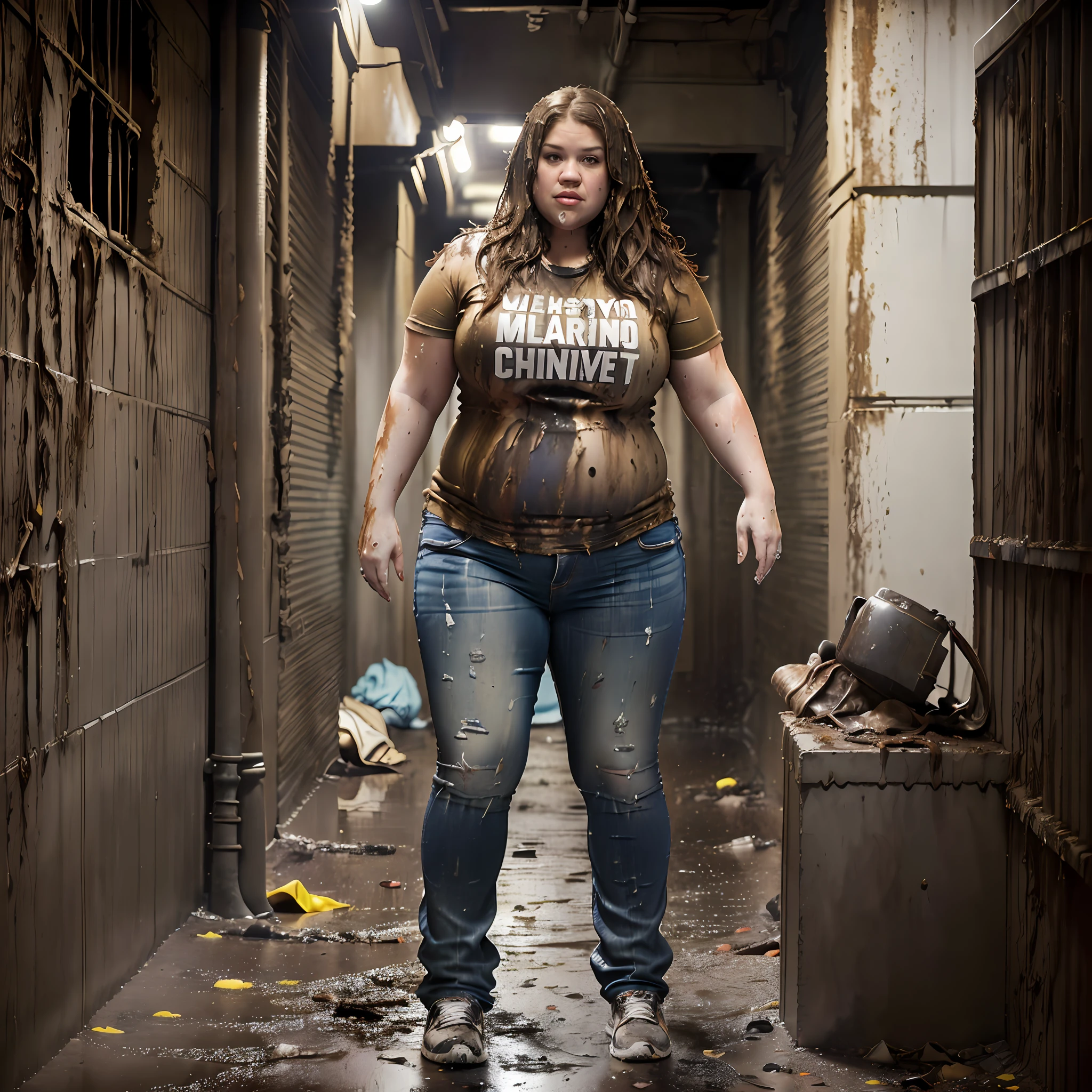 ((Overweight)) ((chubby)), Kelly Clarkson, small breasts, long brown hair, wearing jeans, t-shirt, runners, subject swimming in a sewer ((messy clothes:1.1)) (((full body shot))) (((full length))) (((view side on))) (masterpiece) ((cinematic look))