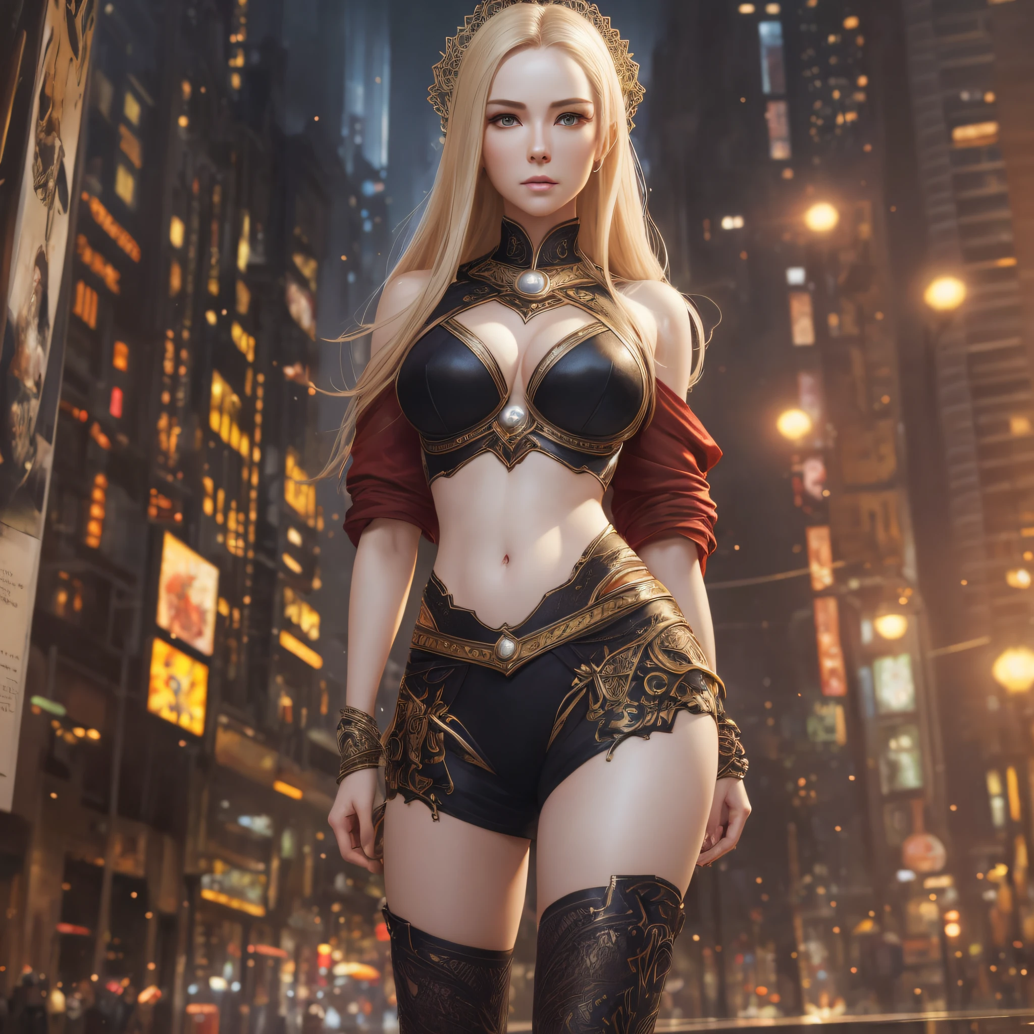 blonde woman, full breasts, red clothes,((pale skin)), ((pearl skin)), (((full body))), ((camera look)), portrait of ((incredibly attractive)) a sexy woman ((perfect female face)) , intricate, 8k, highly detailed, (extremely detailed CG unit 8k wallpaper), ((square jaw)), (well-defined jaw), (lips facing down), (detailed anatomy), hyper-realistic full-plane body image, trend in CGSociety,  Intricate, high detail, sharp focus, dramatic, volumetric lighting, digital painting, intense, modelshoot style (extremely detailed 8k CG unit wallpaper), full body photo of the world's most beautiful artwork, pearl skin, professional majestic oil painting by Ed Blinkey, Atey Ghailan, Studio Ghibli, by Jeremy Mann, Greg Manchess, Antonio Moro,  trends in ArtStation, photorealistic painting art by midjourney and greg Rutkowski, image background in a night town