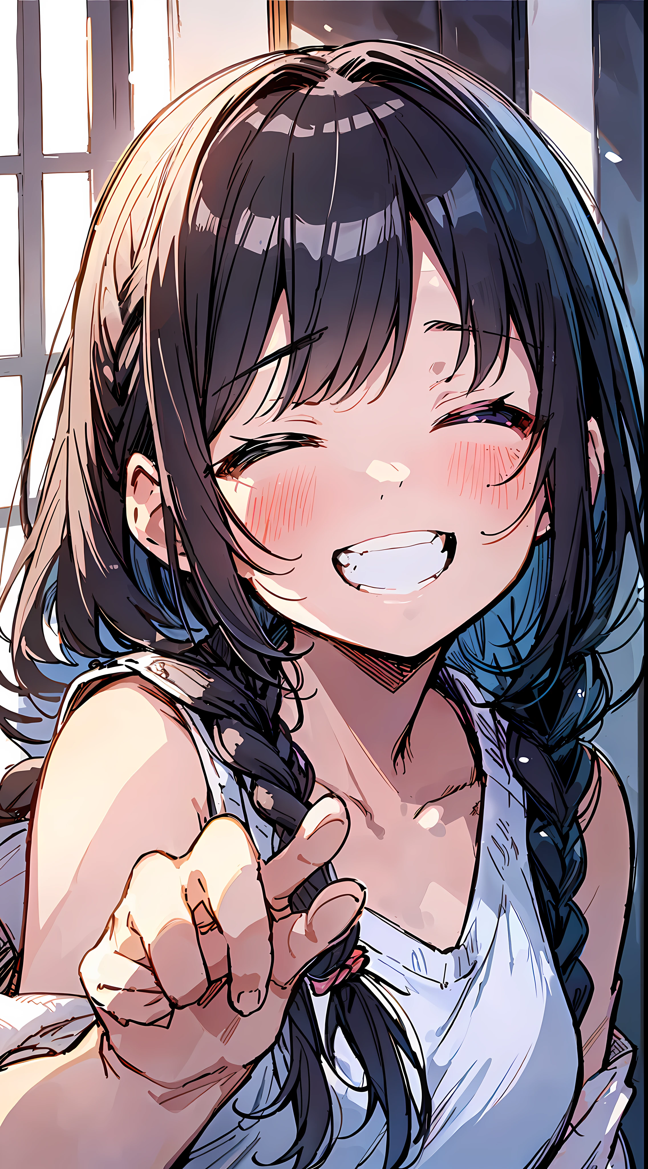 Top Quality, Best Masterpiece, Ultra High Definition, 8K, White Sweater Vest, Anime Style Little Loli, Single, Ultra Detailed Line Art, Digital Enhancement, Anime Core, Flowing Fabric, Close Up, ((Hair length to shoulder and short braid)), staring at us from the front, Soft drawing, Beautiful black hair, (((Little girl in anime style)), Crisp eyes, grin, teeth, wide mouth, closed eyes, highfive, ultra-detailed digital anime art, clear face depictions, ultra-detailed anime character art, ultra-detailed manga style, top quality colors, hand gestures, foot-up angles, indoors