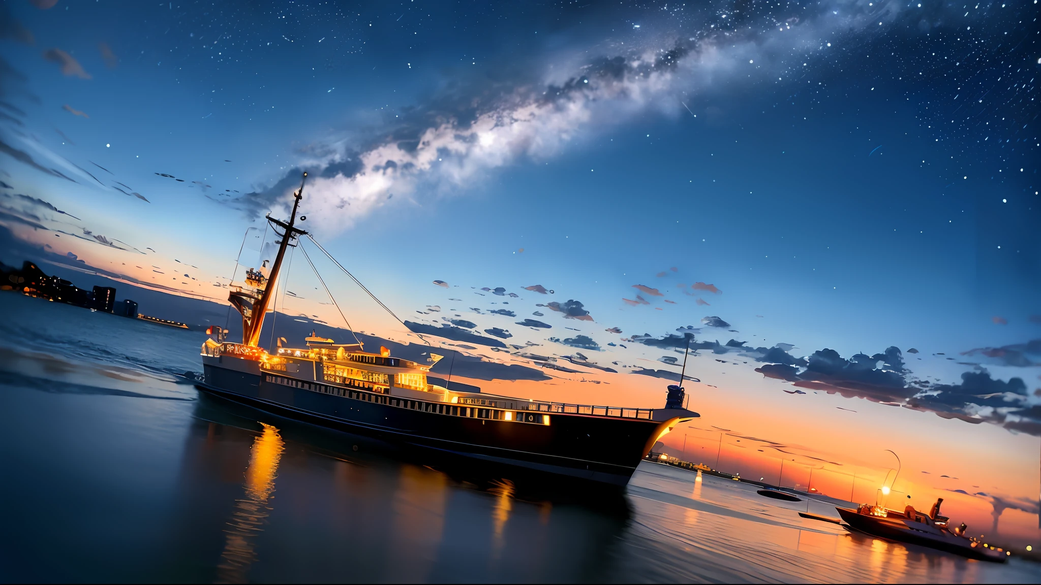 high quality, realistic, deep sea, boat, aircraft, night, tokyo bay,