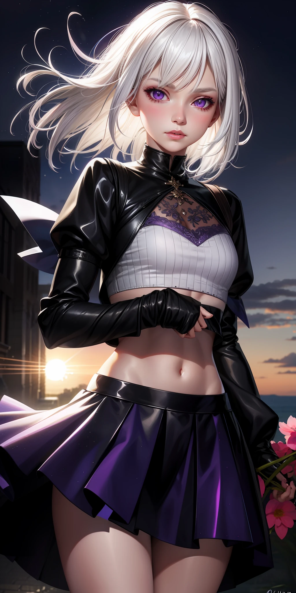 realistic, 1girl, white hair, purple eyes, glowing eyes, crop top, skirt, parted lips, blush, night, flowers, sun, sunlight,