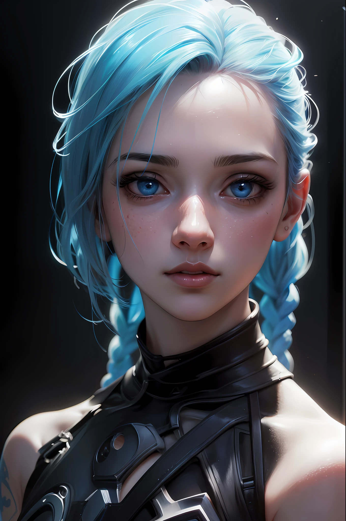 (JinxLol:1.2), (ultra photorealistic:1.3), (masterpiece:1.4), best quality, ((realistic)), high quality, ultra detailed, ((Real picture)), ((realistic skin)), ((realistic face)), (best quality:1.1), (illustration:1.05), (1girl:1.05), (beautiful:1.05), (beautiful detailed eyes:1.05), (cinematic light:1.1), light blue highlights, (full body:1.5)