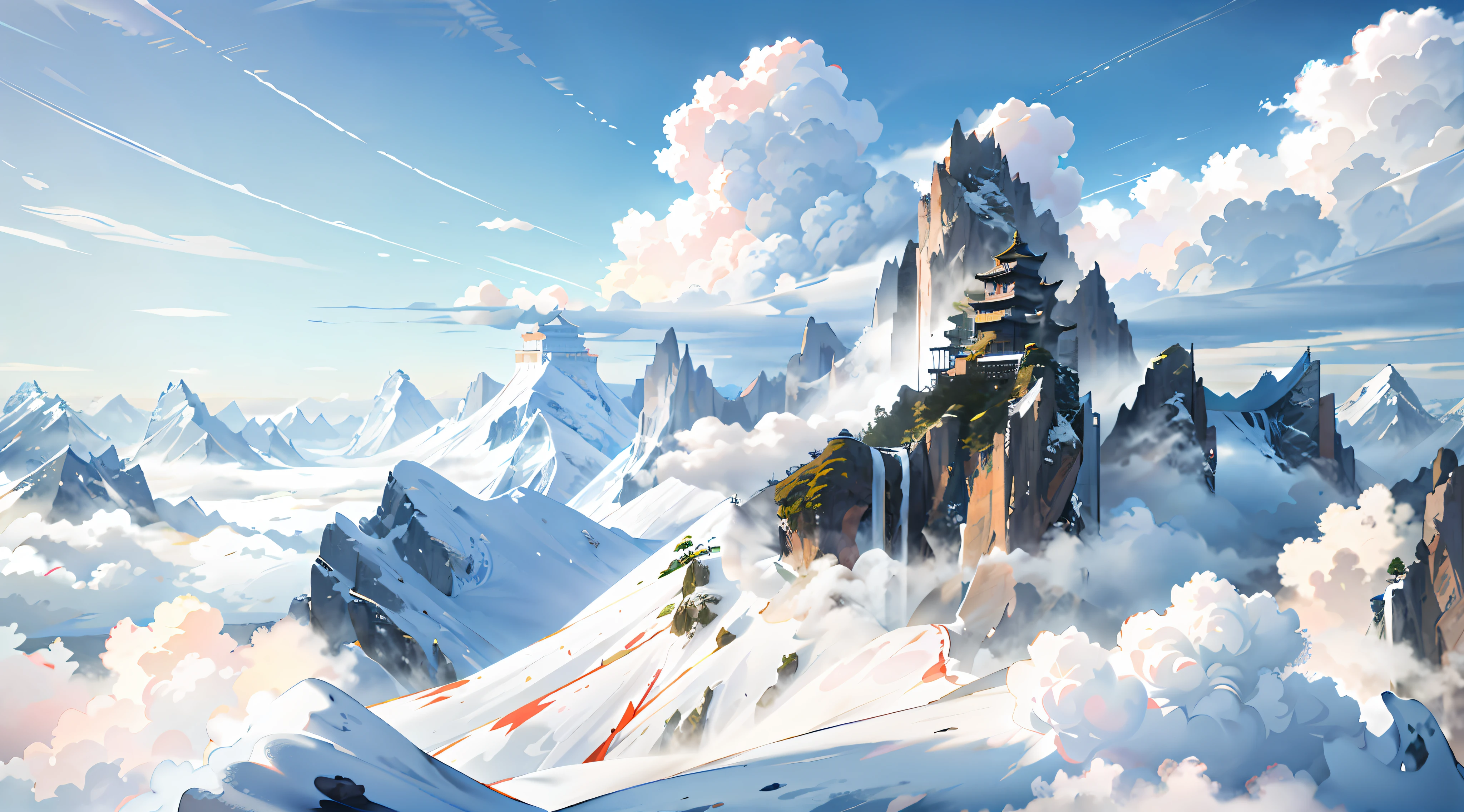 Mountains, clouds, ancient Chinese architecture, cranes