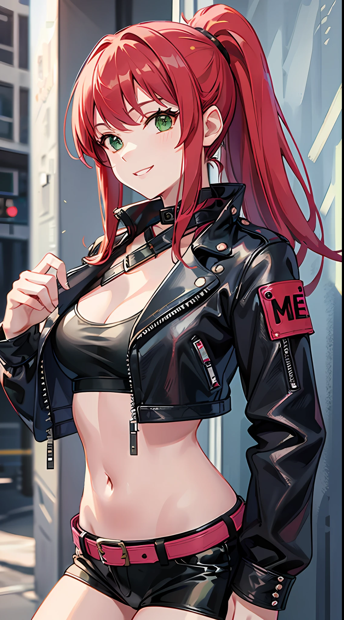 Young girl, long red hair, high ponytail, green eyes, pink top, leather jacket, open belly, smile, masterpiece, high quality