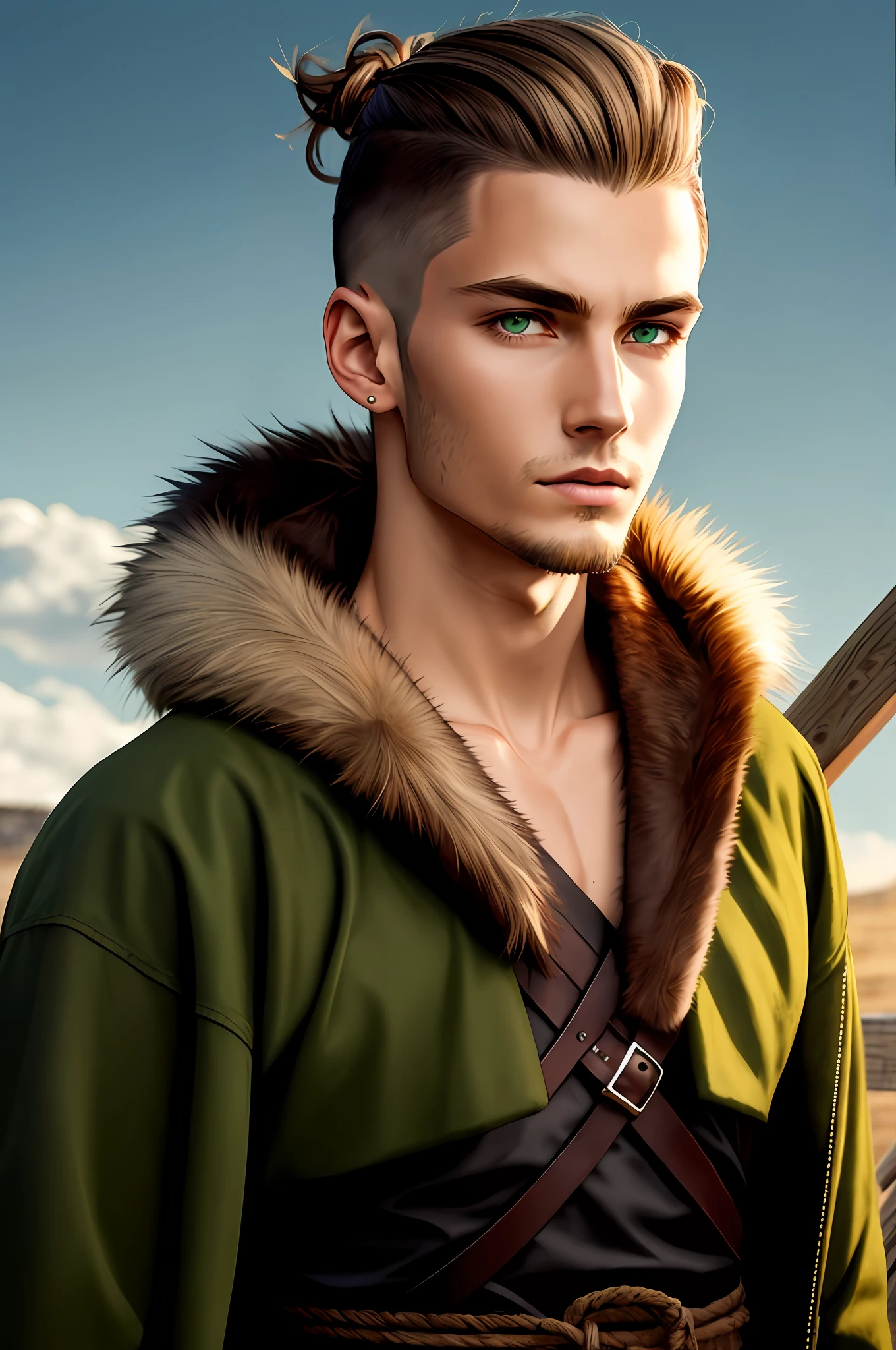 Young thin man, Viking, rustic face, medium dark blonde hair tied and shaved from the sides, green eye color, slim body, serious face, wearing closed fur clothes