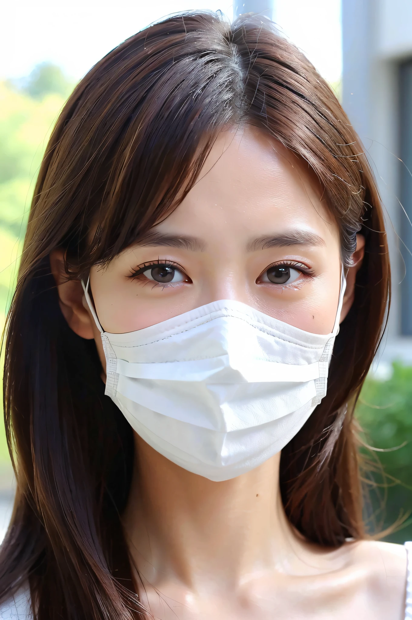 ((Top Quality, 8k, Masterpiece: 1.3)), Sharp Focus: 1.2, Beautiful Women in Perfect Style: 1.4, Slender Abs: 1.2, ((Dark Brown Hair, Big: 1.2)), (Natural Light, City Street: 1.1), Highly Detailed Face and Skin Texture, Detailed Eyes, Double Eyelids, White Mask