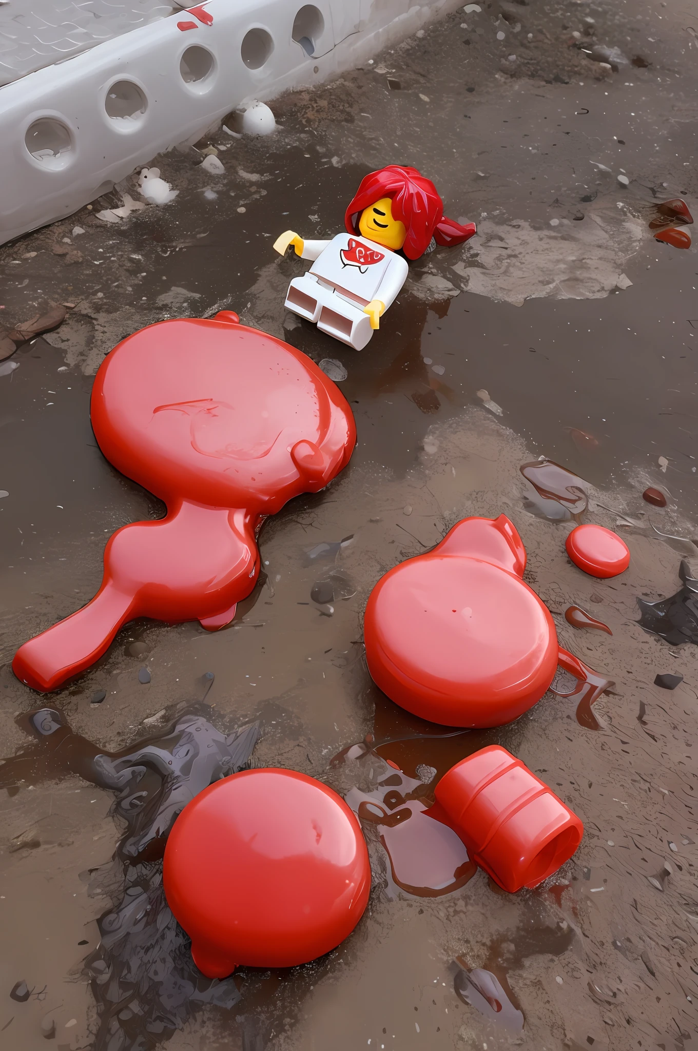 Lego doll disassembling on top of a puddle of ketchup