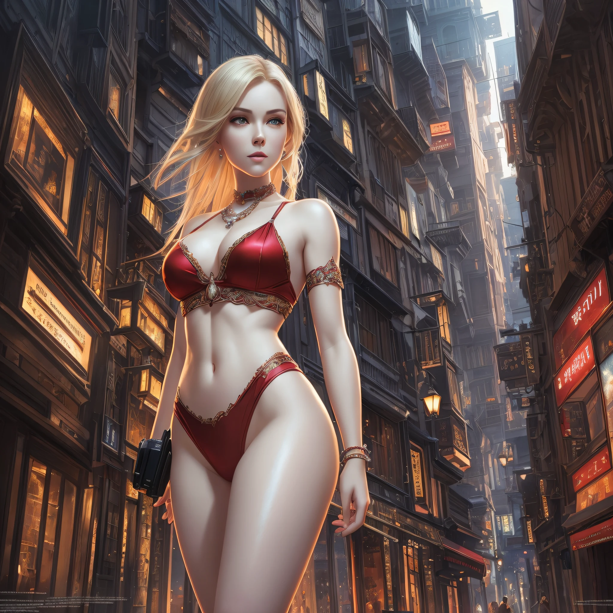 blonde woman, full breasts, red clothes,((pale skin)), ((pearl skin)), (((full body))), ((camera look)), portrait of ((incredibly attractive)) a sexy woman ((perfect female face)) , intricate, 8k, highly detailed, (extremely detailed CG unit 8k wallpaper), ((square jaw)), (well-defined jaw), (lips facing down), (detailed anatomy), hyper-realistic full-plane body image, trend in CGSociety, Intricate, high detail, sharp focus, dramatic, volumetric lighting, digital painting, intense, modelshoot style (extremely detailed 8k CG unit wallpaper), full body photo of the world's most beautiful artwork, pearl skin, professional majestic oil painting by Ed Blinkey, Atey Ghailan, Studio Ghibli, by Jeremy Mann, Greg Manchess, Antonio Moro, trends in ArtStation, photorealistic painting art by midjourney and greg Rutkowski, image background in a night town