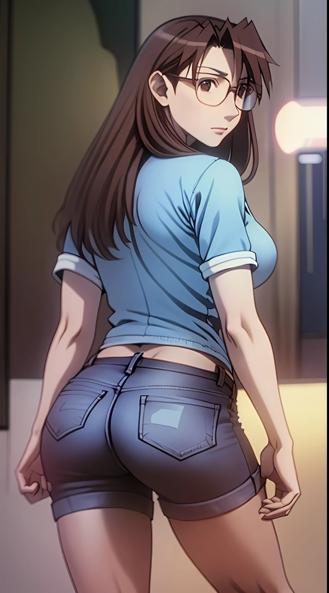 Koyomi Mizuhara, long hair, brunette female with bangs, eyes, glasses, shirt, tight denim jeans, medium size breasts, thighs, shoes, slender figure, athletic build, plump ass, standing, back of view