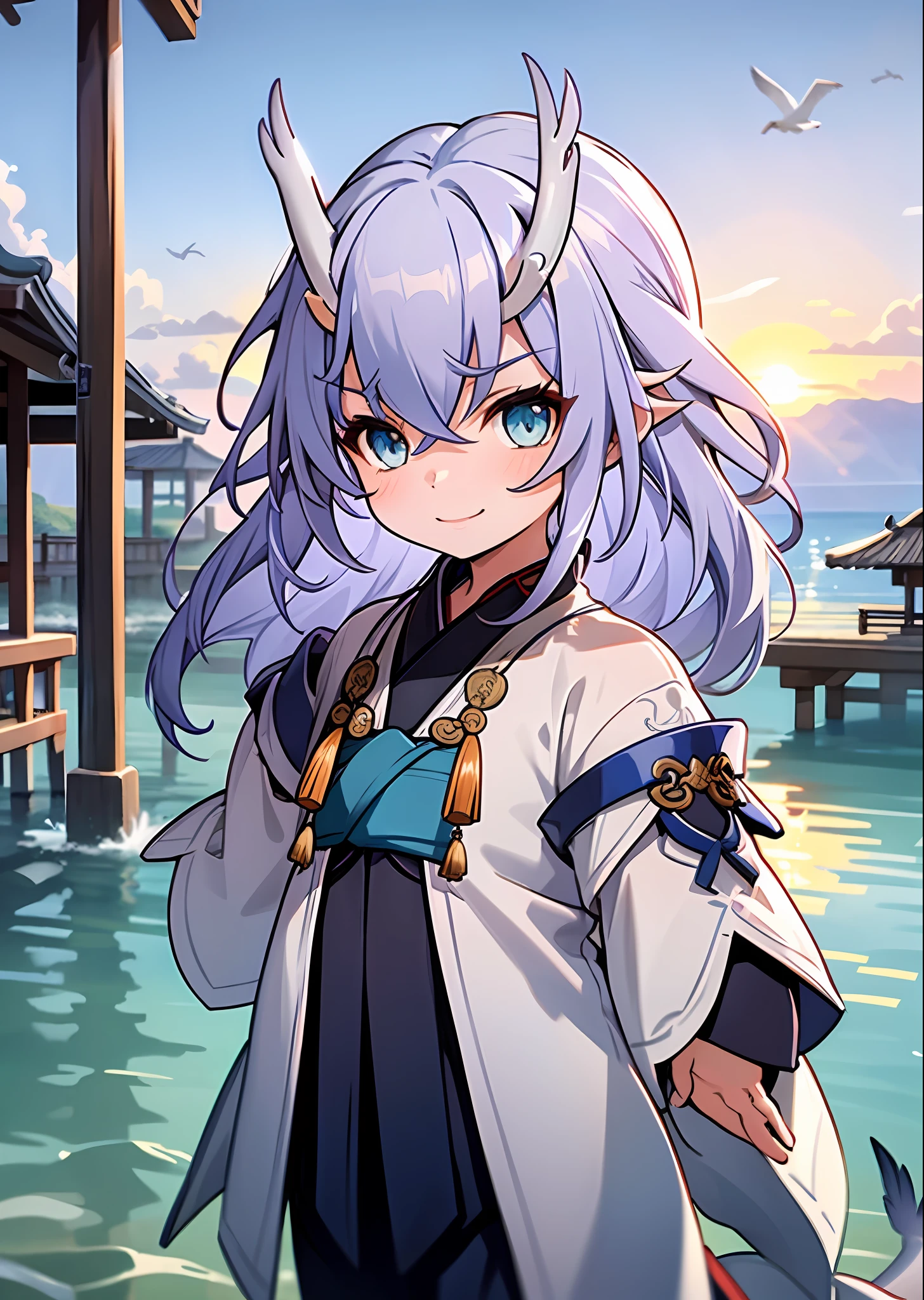 (Best Quality: 1.3), (Masterpiece: 1.3), (Illustration: 1.3), (Ultra Detail: 1.3), (Imid Shot: 0.9), 1girl, solo, very young, upper body, short neck, small breast, child, dragon tail, girl, blue eyes, jewel eyes, shut up, smile, happy, playful face, water element, pavilion, two dragon horns on the head, white and blue hanfu, oriental dragon, little dragon man, beach seagull, sunset and solitary crane flying together, forked waist