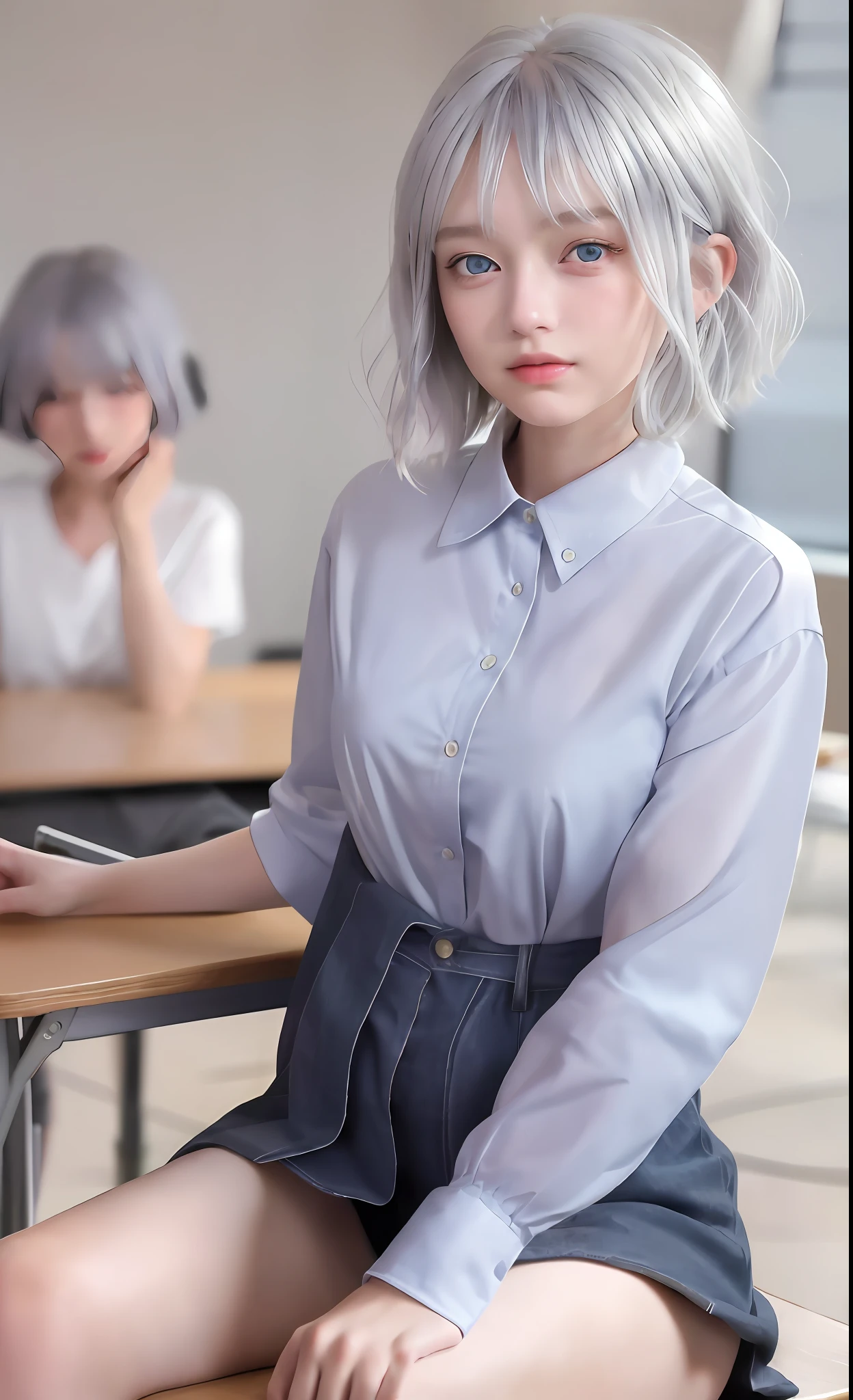 {masterpiece}, (best quality), detailed, {{1 girl}}, (silver hair), (bangs), (tired hair), (short hair: 1.3), (beautiful girl), (dark blue eyes), ( eyelashes), (small breasts: 1.2), (white shirt), {{open shirt}}, (sitting at desk), classroom, daytime, {{th...
