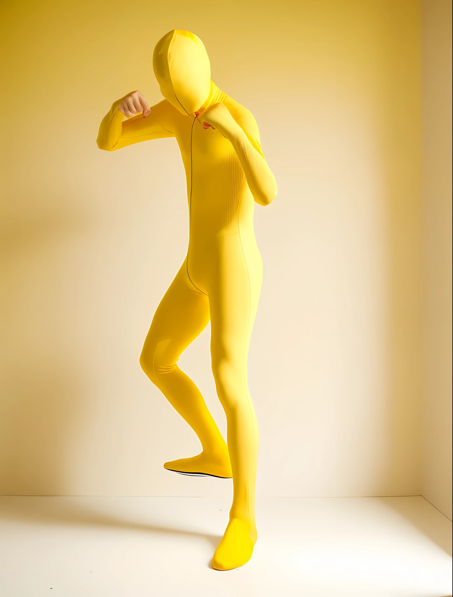 White background, yellow zentai suit, yellow full body tights
