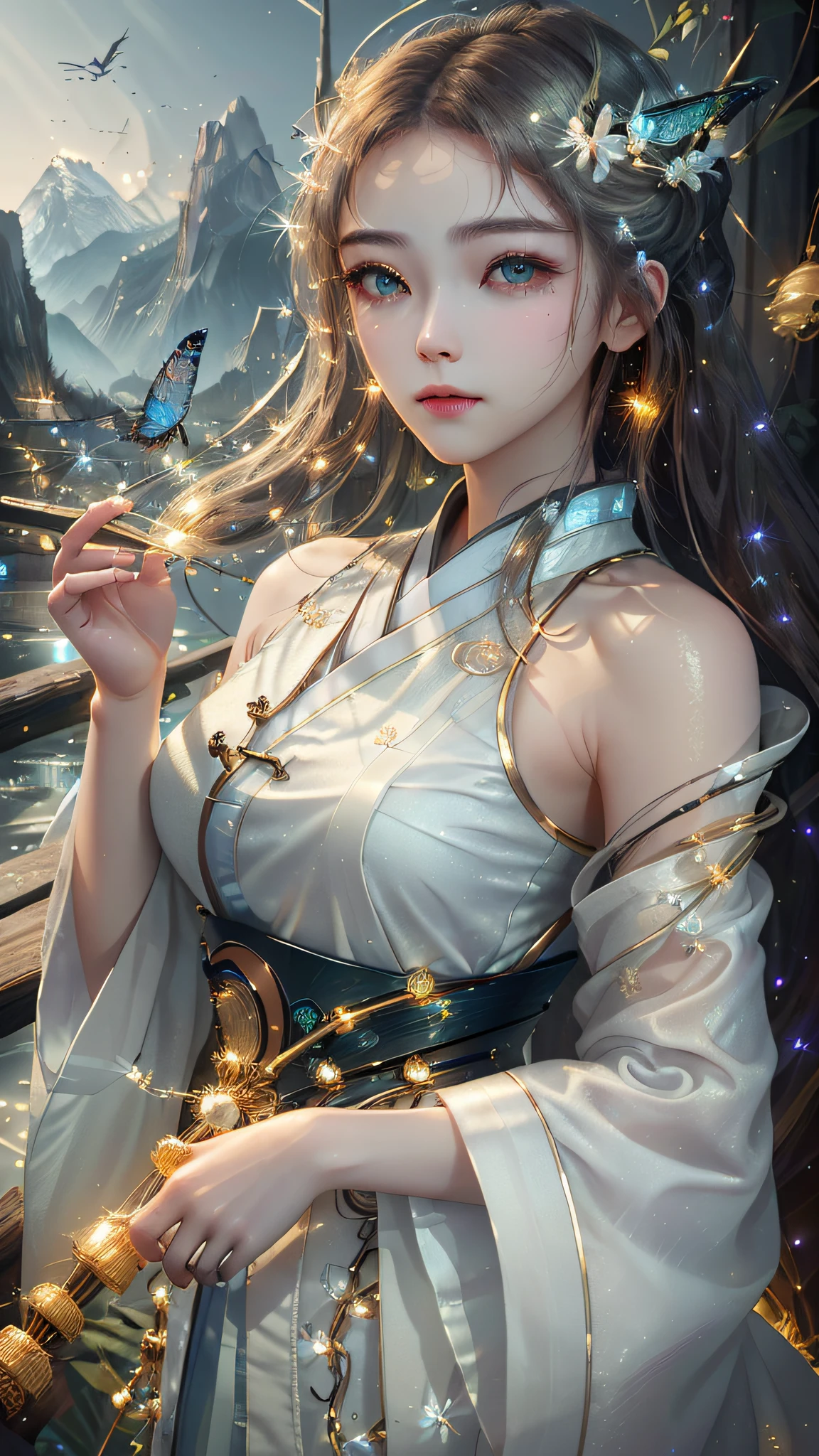 best quality, masterpiece, highres,
1girl, Detailed face, (Upper body:1.6), Cyber cities, mountains and rivers, night, firefly lights, Realistic, rich in detail, (White hanfu:1.2), (beautiful body:1.4),