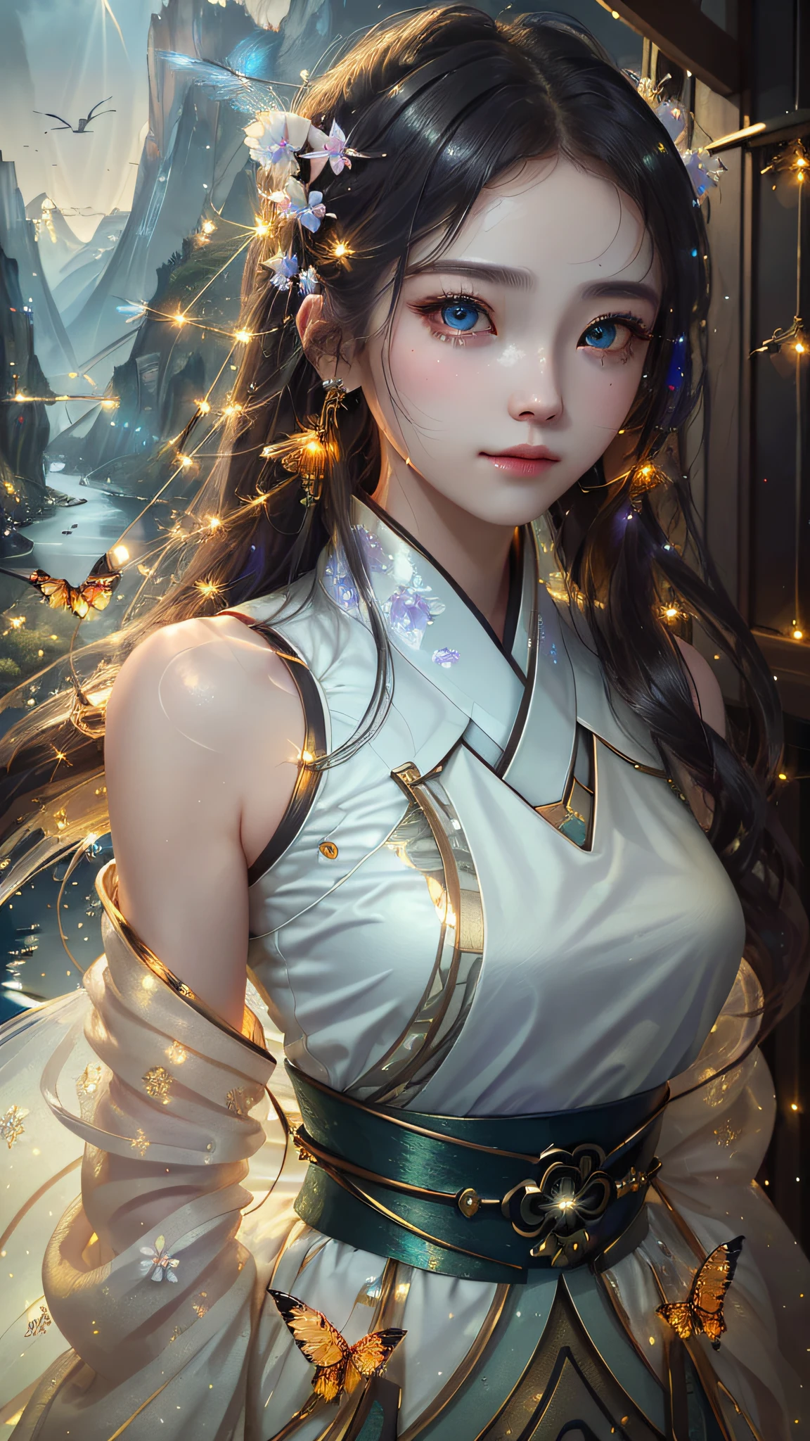 best quality, masterpiece, highres,
1girl, Detailed face, (Upper body:1.6), Cyber cities, mountains and rivers, night, firefly lights, Realistic, rich in detail, (White hanfu:1.2), (beautiful body:1.4),