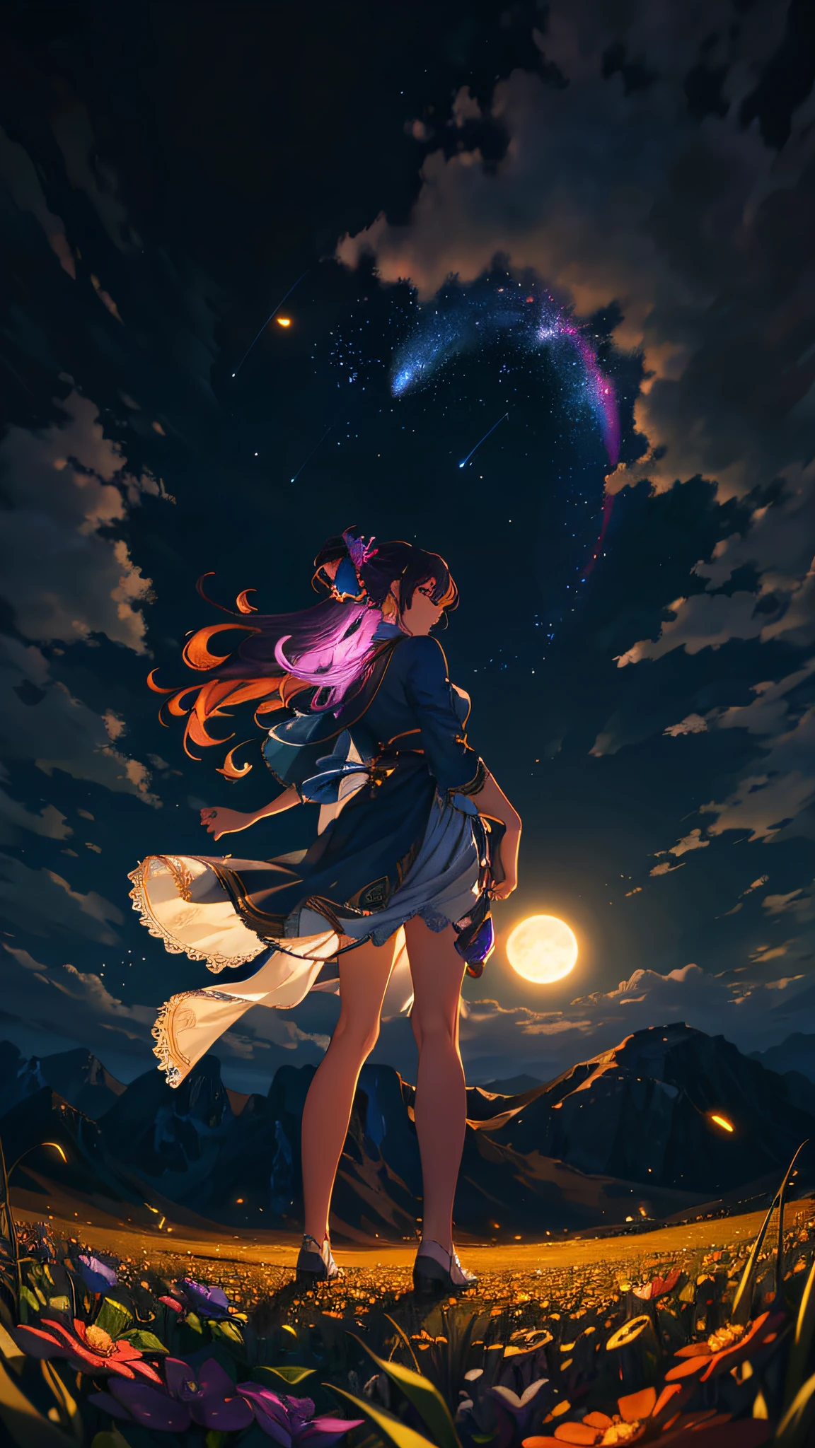 Vast landscape photo, (viewed from below, the sky is above and the open field is below), a girl standing on a flower field looking up, (full moon: 1.2), (meteor: 0.9), (nebula: 1.3), distant mountains , Trees BREAK Crafting Art, (Warm Light: 1.2), (Fireflies: 1.2), Lights, Lots of Purple and Orange, Intricate Details, Volumetric Lighting, Realism BREAK (Masterpiece: 1.2), (Best Quality), 4k, Ultra-Detailed, (Dynamic Composition: 1.4), Very Detailed, Colorful Details, (Rainbow Colors: 1.2), (Glow Lighting, Atmospheric Lighting), Dreamy, Magical, (Solo: 1.2)