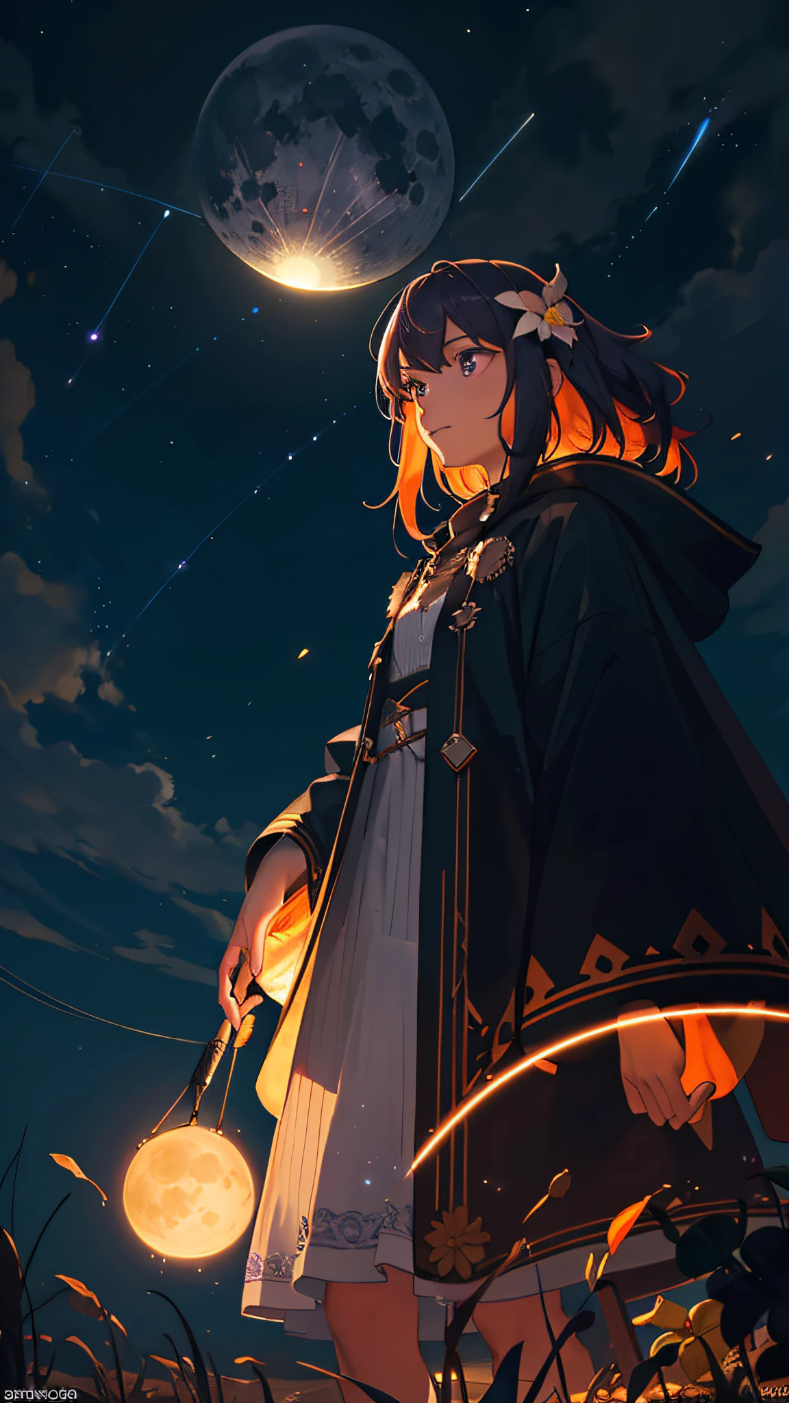 Vast landscape photo, (viewed from below, the sky is above and the open field is below), a girl standing on a flower field looking up, (full moon: 1.2), (meteor: 0.9), (nebula: 1.3), distant mountains , Trees BREAK Crafting Art, (Warm Light: 1.2), (Fireflies: 1.2), Lights, Lots of Purple and Orange, Intricate Details, Volumetric Lighting, Realism BREAK (Masterpiece: 1.2), (Best Quality), 4k, Ultra-Detailed, (Dynamic Composition: 1.4), Very Detailed, Colorful Details, (Rainbow Colors: 1.2), (Glow Lighting, Atmospheric Lighting), Dreamy, Magical, (Solo: 1.2)