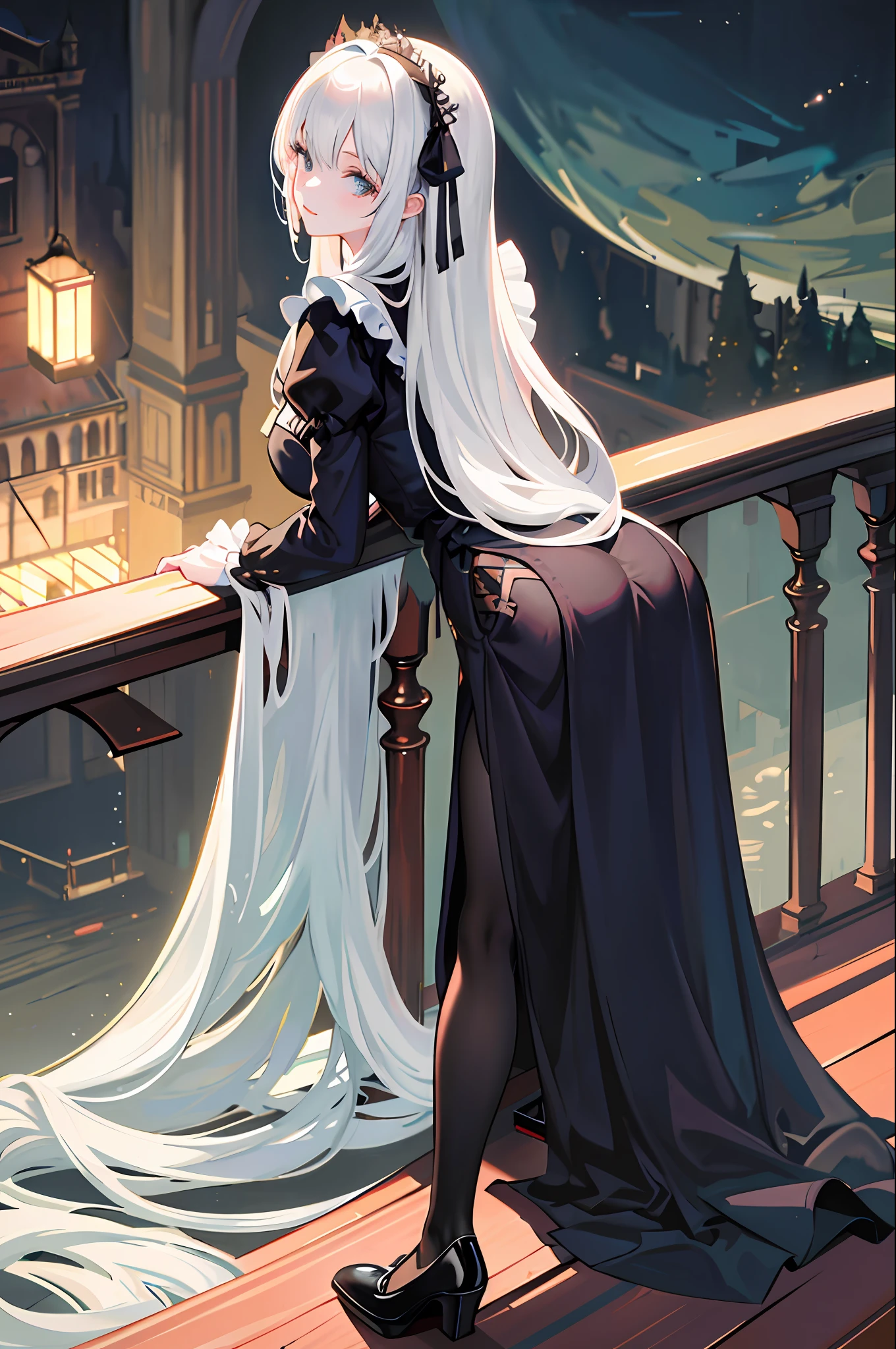 (best quality:1.3),(masterpiece:1.1),(illustration:1.2),(ultra-detailed:1.2),beautiful detailed eyes,(Gothic:1.2),
(Extremely detailed background:1.1),(forest:1.2),(mountain), night, moon,castle on the distant mountain,
(bent over:1.3),(butt:1.2),looking back, (raise butt:1.2),(close to the butt:1.3),
(1girl in Balcony:1.4),Balustrades on balcony,(wariza:1.2),(sitting:1.3)
(1girl:1.3),(solo:1.3),(white hair),(long hair:1.1),full body,black stocking,
tulle,dress,Bodysuit,back cutout,clothing cutout,
