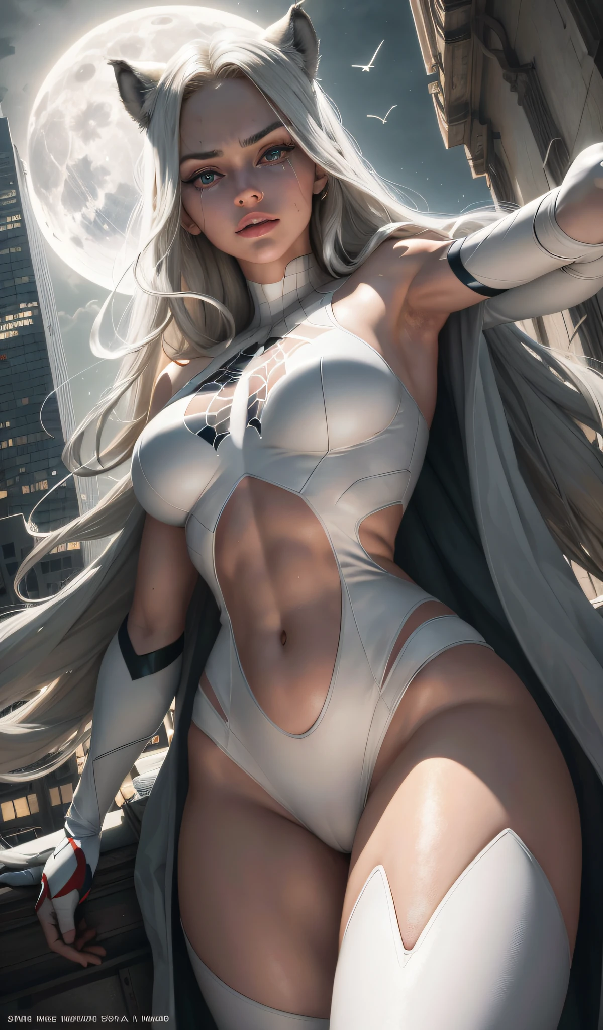 (Masterpiece, 4k resolution, ultra-realistic, very detailed), (White superhero theme, charismatic, there's a girl on top of town, wearing sexy costumes, she's a superhero), [ (25 years), (long white hair:1.2), full body, (blue eyes:1.2), ((Spider-Man pose),show of strength, jump from one building to another), ((sandy urban environment):0.8)| (cityscape, at night, dynamic lights), (full moon))] # Explanation: The Prompt mainly describes a 4K painting of ultra-high definition, very realistic, very detailed. It shows a superheroine at the top of the city, wearing a Spider-Man costume. The theme in the painting is a white superhero theme, the female protagonist has long white hair, is 25 years old and her entire body is shown in the painting. In terms of portraying the actions of superheroines, spiders are employed,Sfw, moaning in pain, feeling pain, tears flowing, crying in pain, crop top, ripped jeans, sfw, sleeping beauty lying on her back, wet skin and hair, hard breasts, dark blonde hair, long straight hair, European youth, perfect body, open (perfect body, little ke), fashion photorealism,  high definition sysie details, (((from below))), photography, sharpness, single 850 4, koda850 k portrait camera, f1.6 lens, rich color, hyper-realistic texture, spectacular light texture, surreal art, Cinestil 800 fashion engine, grimaces of pain, (hyperrealistic), (illustration), (high resolution), (8K), (extremely detailed), (best illustration), (beautiful detailed eyes), (best quality), (super detailed), (masterpiece), (wallpaper),  solo, (dynamic pose), (illustration), (high resolution), (8K), (extremely detailed), (best illustration), (beautiful detailed eyes), (best quality), (super detailed), (masterpiece), (wallpaper), (camel fingers) (no panties), (no bra) (open legs)