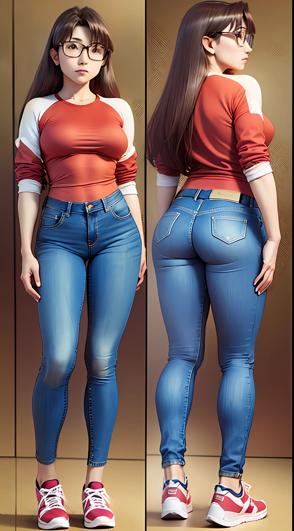 Koyomi Mizuhara, long hair, brunette female with bangs, eyes, glasses, shirt, tight denim jeans, medium size breasts, thighs, shoes, slender figure, athletic build, thicc plump ass, standing, back of view,