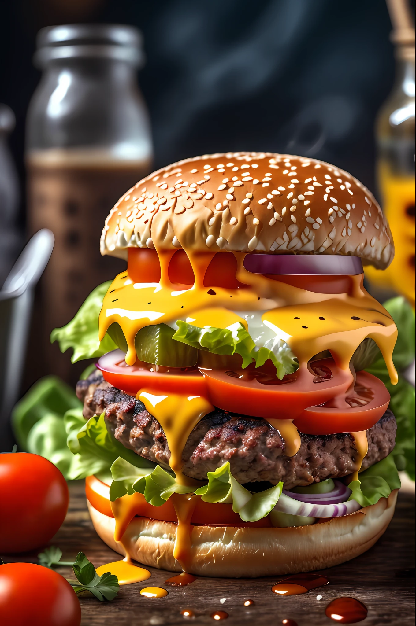 masterpiece, best quality,burger photo, food, food focus, no humans, tomato, blurry, still life, realistic, burger, cup, lettuce, fruit, onion, bowl, depth of field, vegetable, blurry background, cheese, bottle
