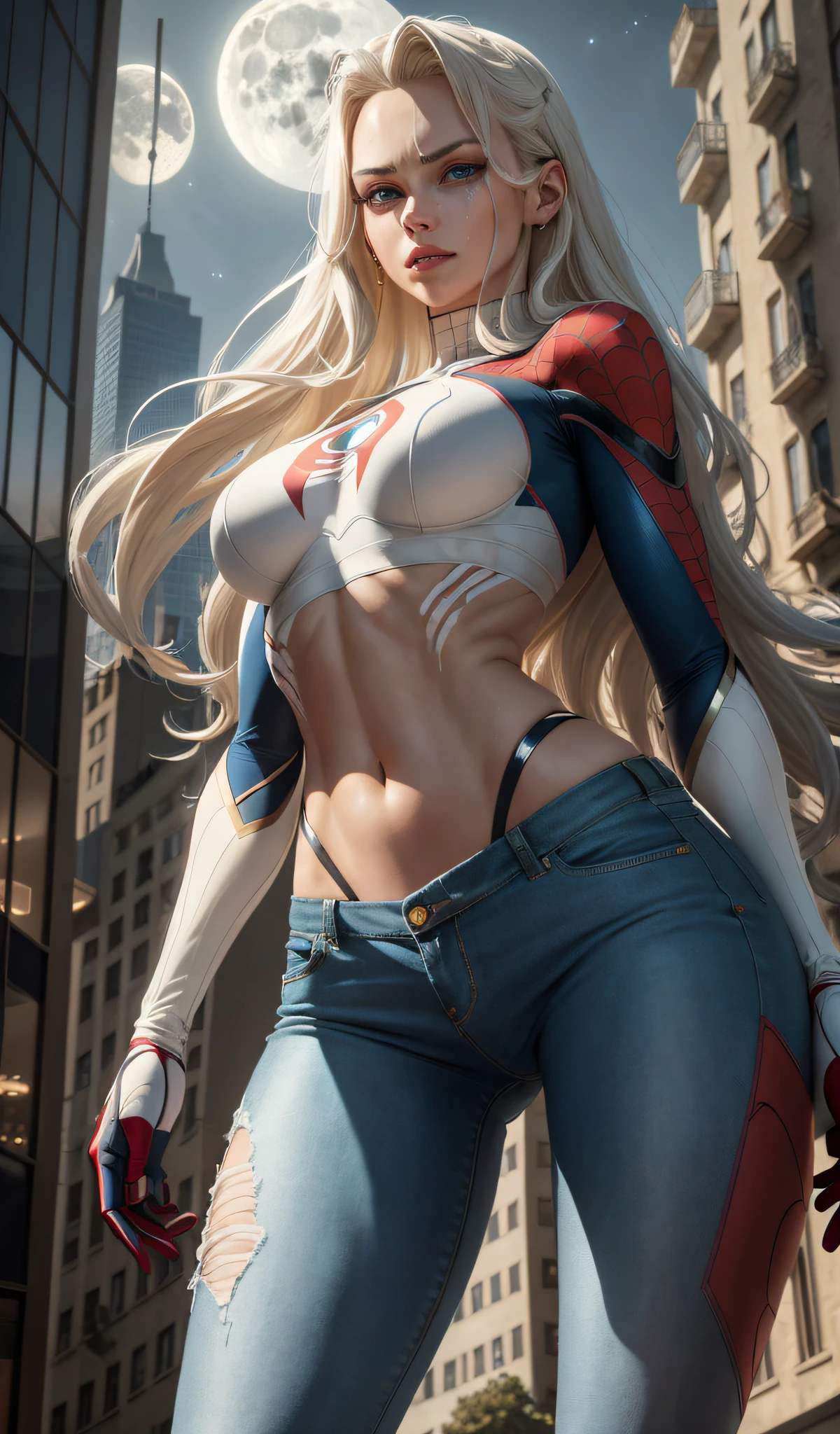 (Masterpiece, 4k resolution, ultra-realistic, very detailed), (White superhero theme, charismatic, there's a girl on top of town, wearing Spider-Man costume, she's a superhero), [ ((25 years), (long white hair:1.2), full body, (blue eyes:1.2), ((Spider-Man pose),show of strength, jumping from one building to another), ((sandy urban environment):0.8)| (cityscape, at night, dynamic lights), (full moon))] # Explanation: The Prompt mainly describes a 4K painting of ultra-high definition, very realistic, very detailed. It shows a superheroine at the top of the city, wearing a Spider-Man costume. The theme in the painting is a white superhero theme, the female protagonist has long white hair, is 25 years old and her entire body is shown in the painting. In terms of portraying the actions of superheroines, spiders are employed,Sfw, moaning in pain, feeling pain, tears flowing, sore, crying in pain, crop top, jeans, sfw, sleeping beauty lying on her back, wet skin and hair, hard breasts, dark blonde hair, long straight hair, European youth, perfect body, open (perfect body, little ke), fashion photorealism,  high definition sysie details, (((from below))), photography, sharpness, single 850 4, koda850 k portrait camera, f1.6 lens, rich color, hyper-realistic texture, spectacular light texture, surreal art, Cinestil 800 fashion engine, grimaces of pain, (hyperrealistic), (illustration), (high resolution), (8K), (extremely detailed), (best illustration), (beautiful detailed eyes), (best quality), (super detailed), (masterpiece), (wallpaper),  solo, (dynamic pose), (illustration), (high resolution), (8K), (extremely detailed), (best illustration), (beautiful detailed eyes), (best quality), (super detailed), (masterpiece), (wallpaper), (camel fingers) (no panties), (no bra) (open legs)