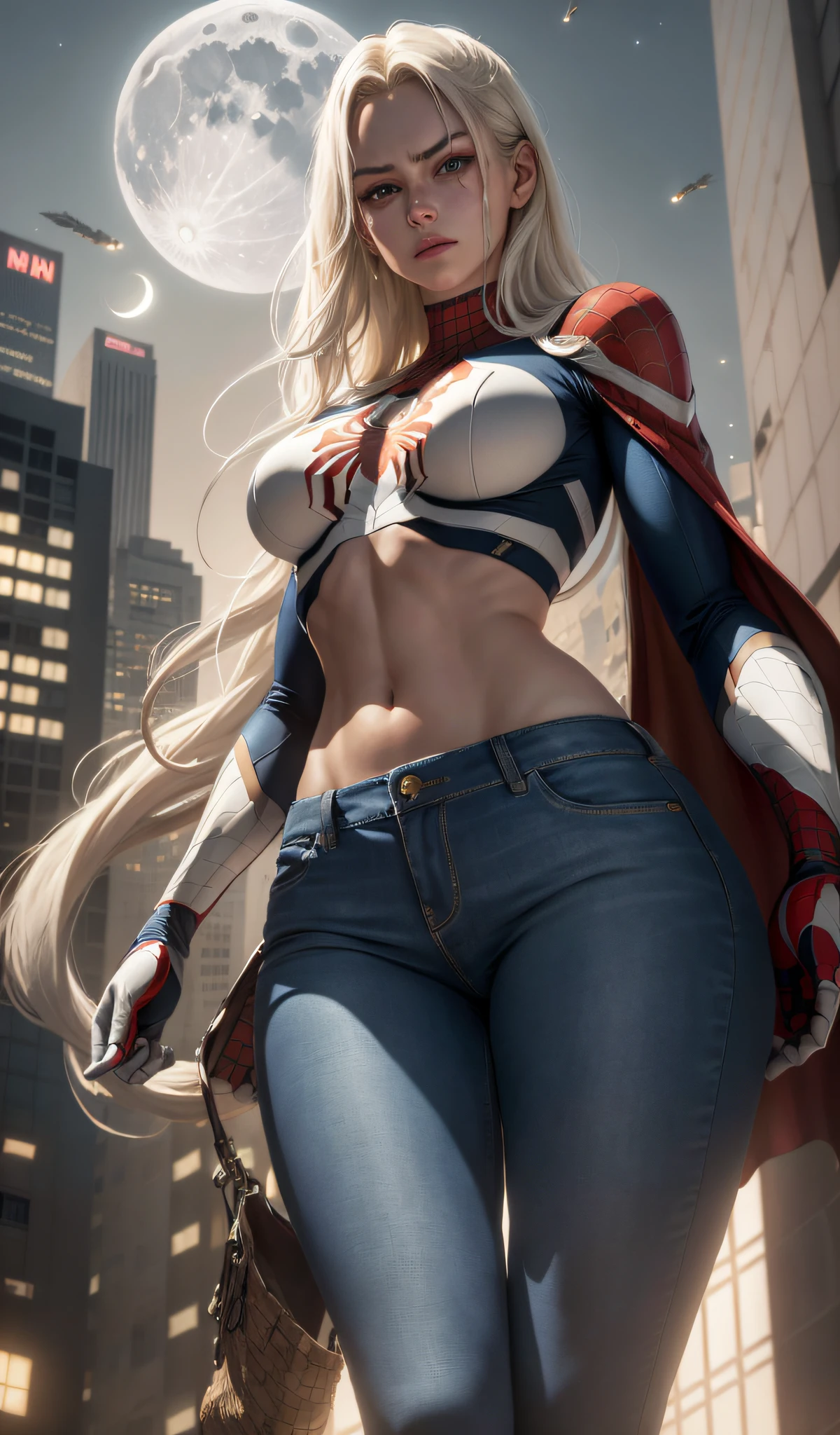 (Masterpiece, 4k resolution, ultra-realistic, very detailed), (White superhero theme, charismatic, there's a girl on top of town, wearing Spider-Man costume, she's a superhero), [ ((25 years), (long white hair:1.2), full body, (blue eyes:1.2), ((Spider-Man pose),show of strength, jumping from one building to another), ((sandy urban environment):0.8)| (cityscape, at night, dynamic lights), (full moon))] # Explanation: The Prompt mainly describes a 4K painting of ultra-high definition, very realistic, very detailed. It shows a superheroine at the top of the city, wearing a Spider-Man costume. The theme in the painting is a white superhero theme, the female protagonist has long white hair, is 25 years old and her entire body is shown in the painting. In terms of portraying the actions of superheroines, spiders are employed,Sfw, moaning in pain, feeling pain, tears flowing, sore, crying in pain, crop top, jeans, sfw, sleeping beauty lying on her back, wet skin and hair, hard breasts, dark blonde hair, long straight hair, European youth, perfect body, open (perfect body, little ke), fashion photorealism,  high definition sysie details, (((from below))), photography, sharpness, single 850 4, koda850 k portrait camera, f1.6 lens, rich color, hyper-realistic texture, spectacular light texture, surreal art, Cinestil 800 fashion engine, grimaces of pain, (hyperrealistic), (illustration), (high resolution), (8K), (extremely detailed), (best illustration), (beautiful detailed eyes), (best quality), (super detailed), (masterpiece), (wallpaper),  solo, (dynamic pose), (illustration), (high resolution), (8K), (extremely detailed), (best illustration), (beautiful detailed eyes), (best quality), (super detailed), (masterpiece), (wallpaper), (camel fingers) (no panties), (no bra) (open legs)