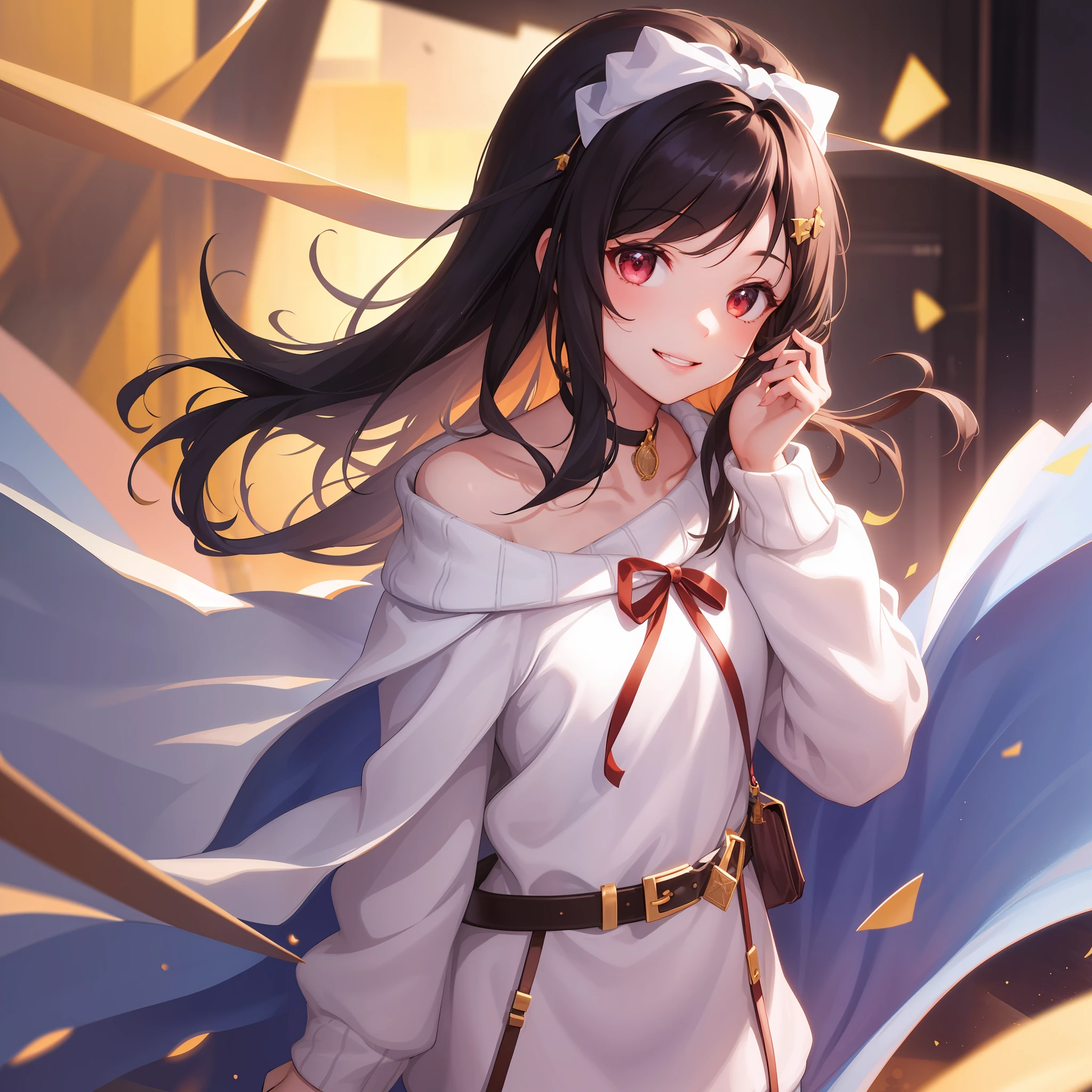 best quality, 1 girl, smile, detailed beautiful skin, half body shot, sweater, collarbone, dark_hair, medium_hair, hair_ornament, ribbon on head,windy,