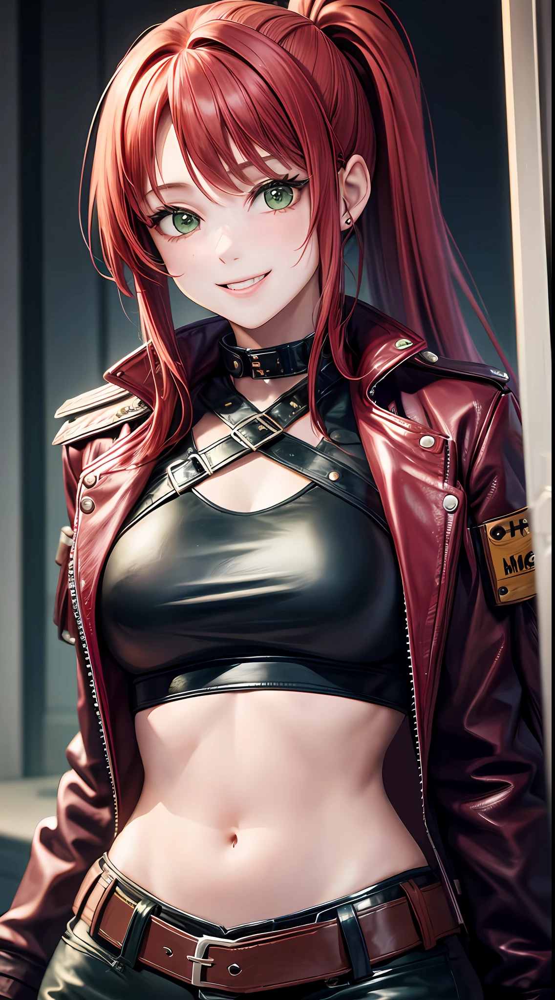 Young girl, long red hair, high ponytail, green eyes, pink top, leather jacket, open belly, smile, masterpiece, high quality