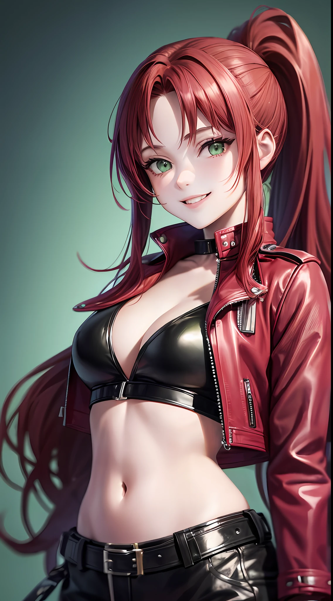 Young girl, long red hair, high ponytail, green eyes, pink top, leather jacket, open belly, smile, masterpiece, high quality