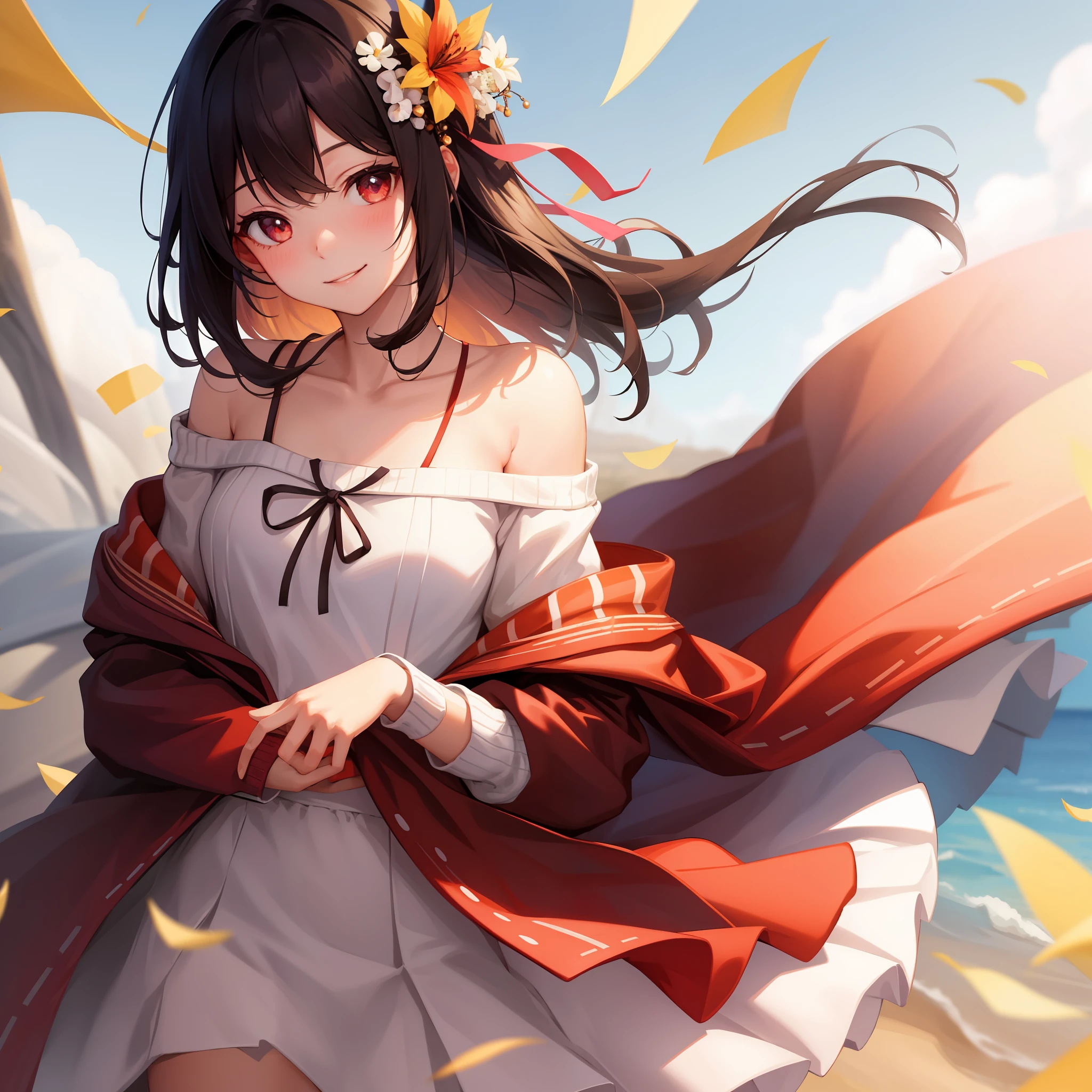 best quality, 1 girl, smile, detailed beautiful skin, half body shot, sweater, collarbone, dark_hair, medium_hair, hair_ornament, ribbon on head,windy,