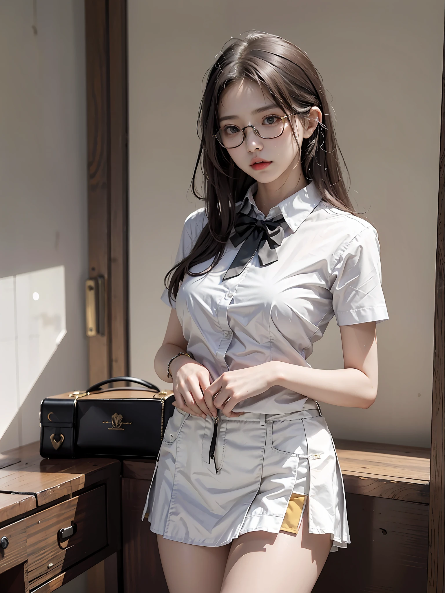 Kazeki Sasaki Girl Wen Jing wearing glasses Flat face Fair skin White shirt Short skirt Full breasts Classroom scene Posture feminine