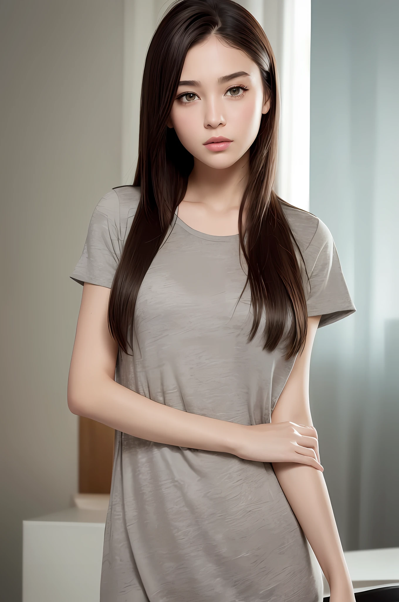 Dressed, (photo: Realistic: 1.4), (Hyper-realistic: 1.4), (Realistic: 1.3), (smoother lighting: 1.05), (Improved movie lighting quality: 0.9), 32K, 1 girl, 20 year old girl, realistic lighting, backlight, face light, ray racing, (brighten light: 1.2), (increase quality: 1.4), (top quality real texture skins : 1.4), fine eyes, fine face, fine quality eyes, (tired and sleepy and satisfied), face close-up, t-shirt, closeup, (body line mood up: 1.1), (skin texture beauty up: 1.1)