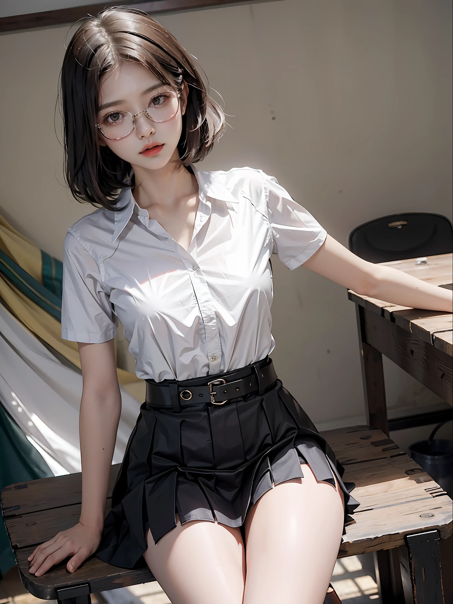Kazeki Sasaki Girl Wen Jing wearing glasses Flat face Fair skin White shirt Short skirt Full breasts Classroom scene Posture feminine