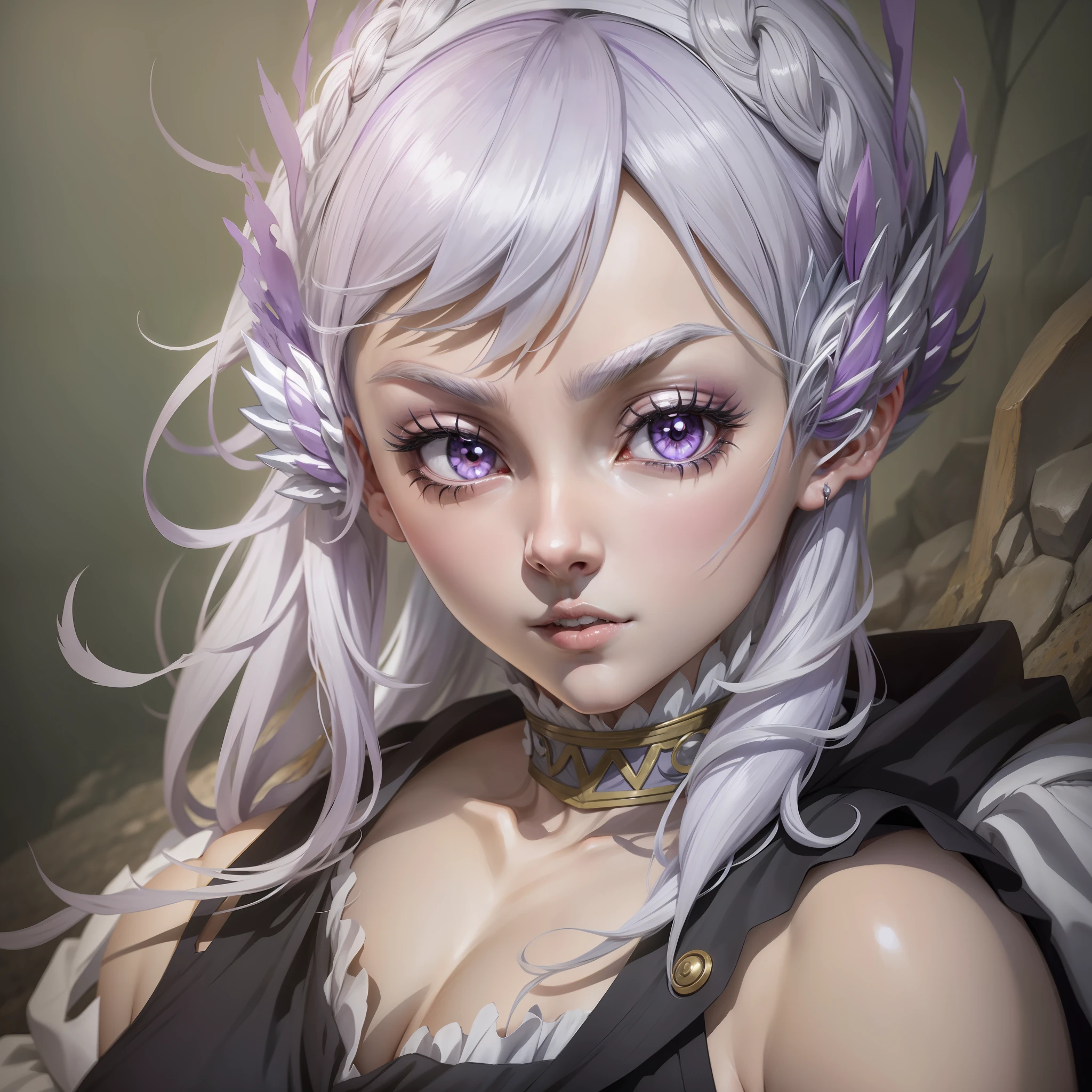 Anime girl with white hair and purple eyes, screenshot of Black Clover, anime character, female anime character, Best Anime Character Design, as an anime character, looking at the camera, lying down, Noelle Silva, Black Clover anime.