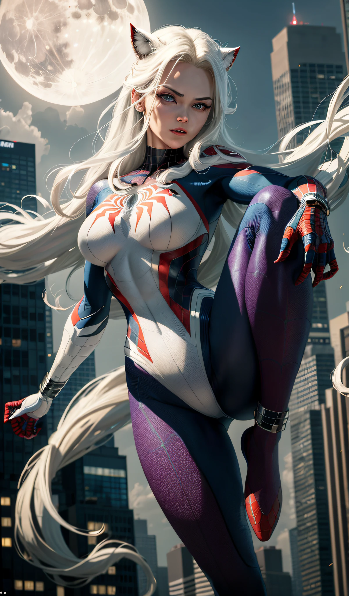 (Masterpiece, 4k resolution, ultra-realistic, very detailed), (White superhero theme, charismatic, there's a girl on top of town, wearing Spider-Man costume, she's a superhero), [ ((25 years), (long white hair:1.2), full body, (blue eyes:1.2), ((Spider-Man pose),show of strength, jumping from one building to another), ((sandy urban environment):0.8)| (cityscape, at night, dynamic lights), (full moon))] # Explanation: The Prompt mainly describes a 4K painting of ultra-high definition, very realistic, very detailed. It shows a superheroine at the top of the city, wearing a Spider-Man costume. The theme in the painting is a white superhero theme, the female protagonist has long white hair, is 25 years old and her entire body is shown in the painting. In terms of portraying the actions of superheroines, spiders are employed