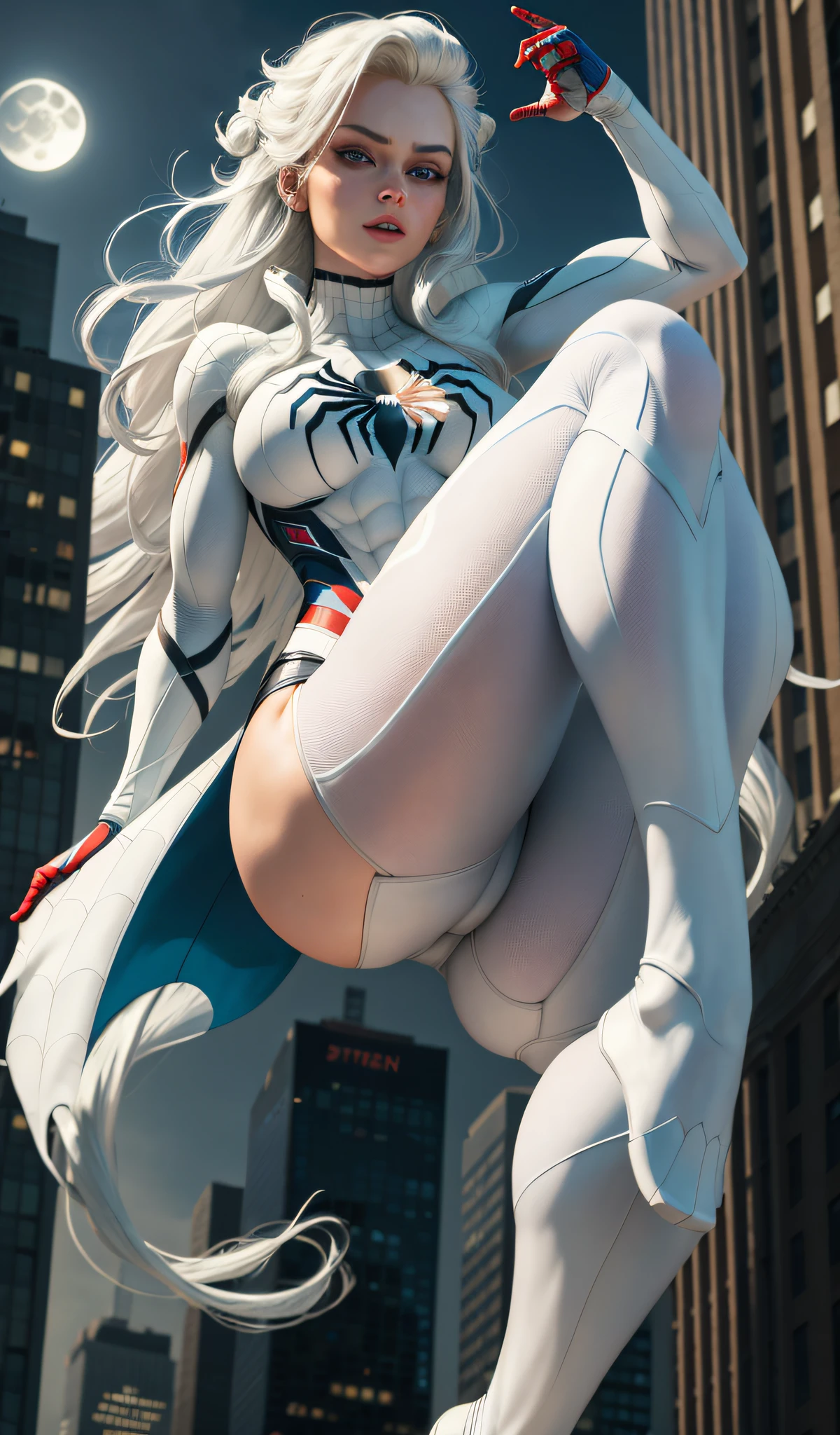 (Masterpiece, 4k resolution, ultra-realistic, very detailed), (White superhero theme, charismatic, there's a girl on top of town, wearing Spider-Man costume, she's a superhero), [ ((25 years), (long white hair:1.2), full body, (blue eyes:1.2), ((Spider-Man pose),show of strength, jumping from one building to another), ((sandy urban environment):0.8)| (cityscape, at night, dynamic lights), (full moon))] # Explanation: The Prompt mainly describes a 4K painting of ultra-high definition, very realistic, very detailed. It shows a superheroine at the top of the city, wearing a Spider-Man costume. The theme in the painting is a white superhero theme, the female protagonist has long white hair, is 25 years old and her entire body is shown in the painting. In terms of portraying the actions of superheroines, spiders are employed