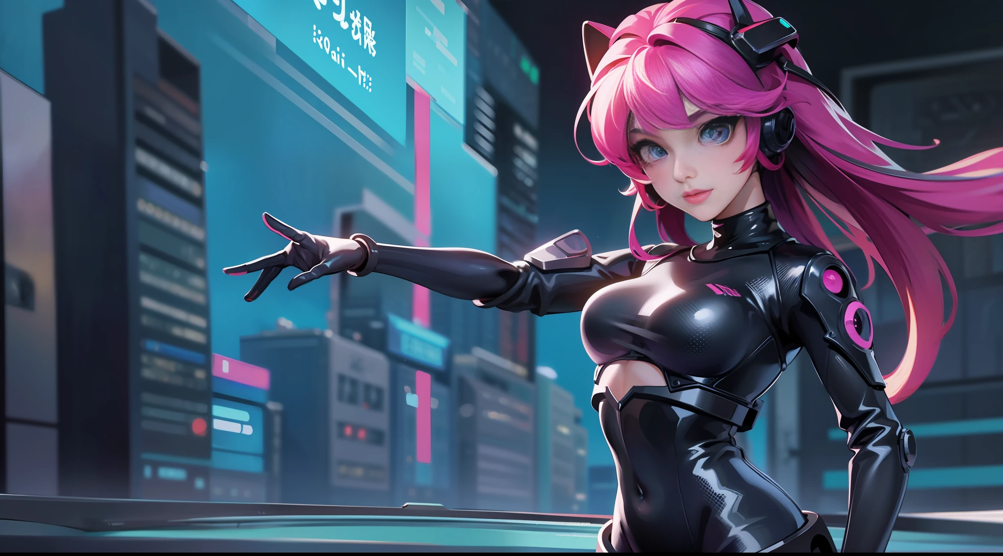 8k resolution ultra realistic picture of beautiful girl, wearing tight catsuit, in cyberpunk world, half face detailed futuristic mask, best quality, masterpiece