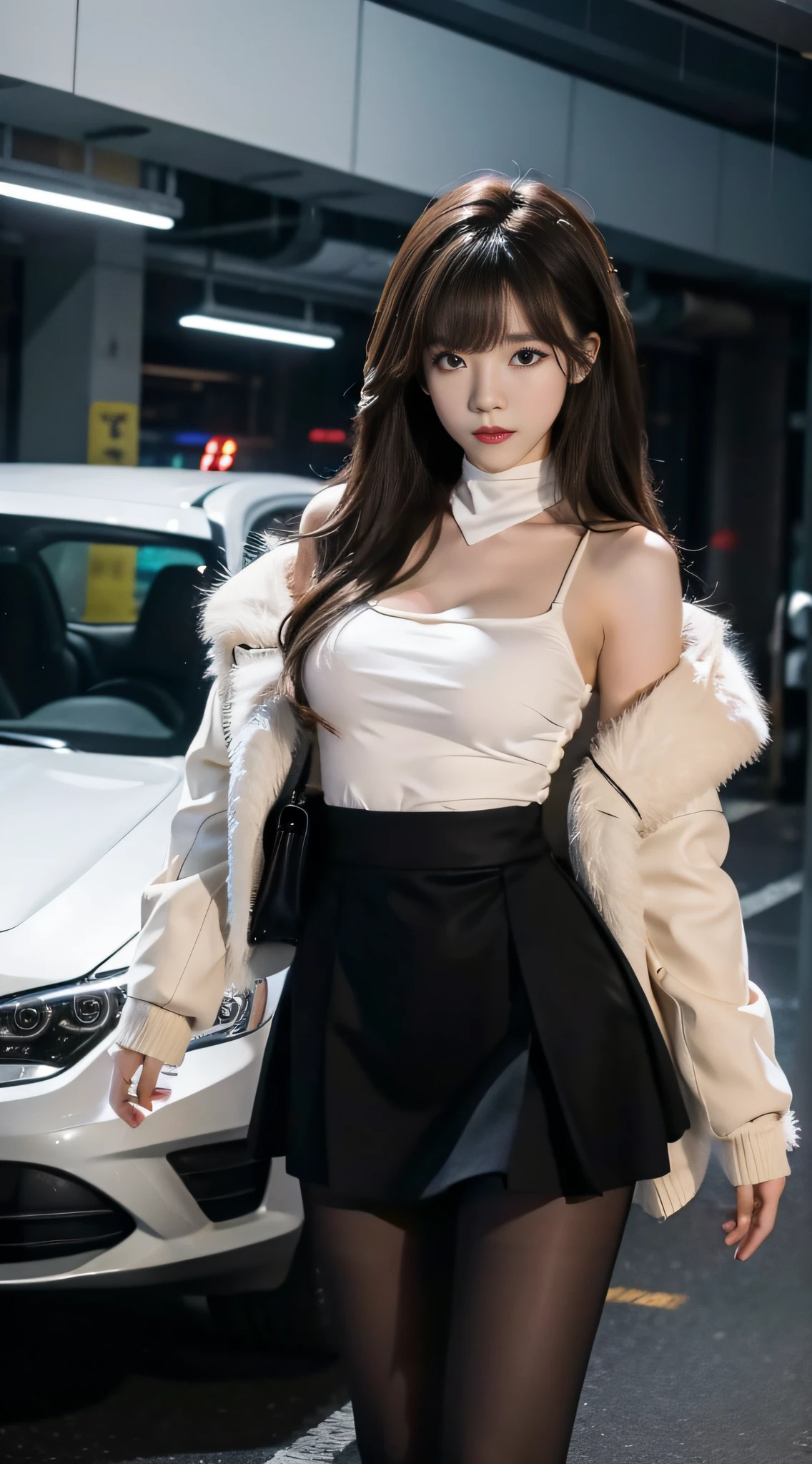 A Korean woman in an underground parking lot, fluffy hair, delicate face, realistic, real, large aperture, black pantyhose and miniskirt, sexy, slim,