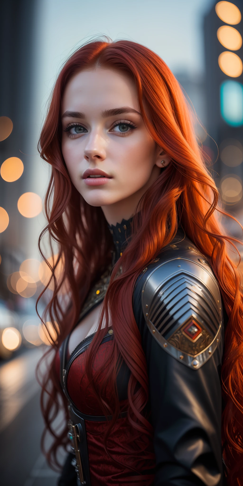 photo of a 25-year-old European girl, RAW, beautiful woman, (extra long wavy red hair), ((portrait)), ((detailed face: 1.2)), ((detailed facial features)), (finely detailed skin), pale skin, highly detailed deep neckline cyberpunk dress, megacity environment, (cool colors), damp, damp, reflections, (masterpiece) (perfect proportion)(realistic photo)(best quality) (detailed) photographed on a Canon EOS R5,   50mm lens, F/2.8, HDR, (8k) (wallpaper) (cinematic lighting) (dramatic lighting) (sharp focus) (intricate)