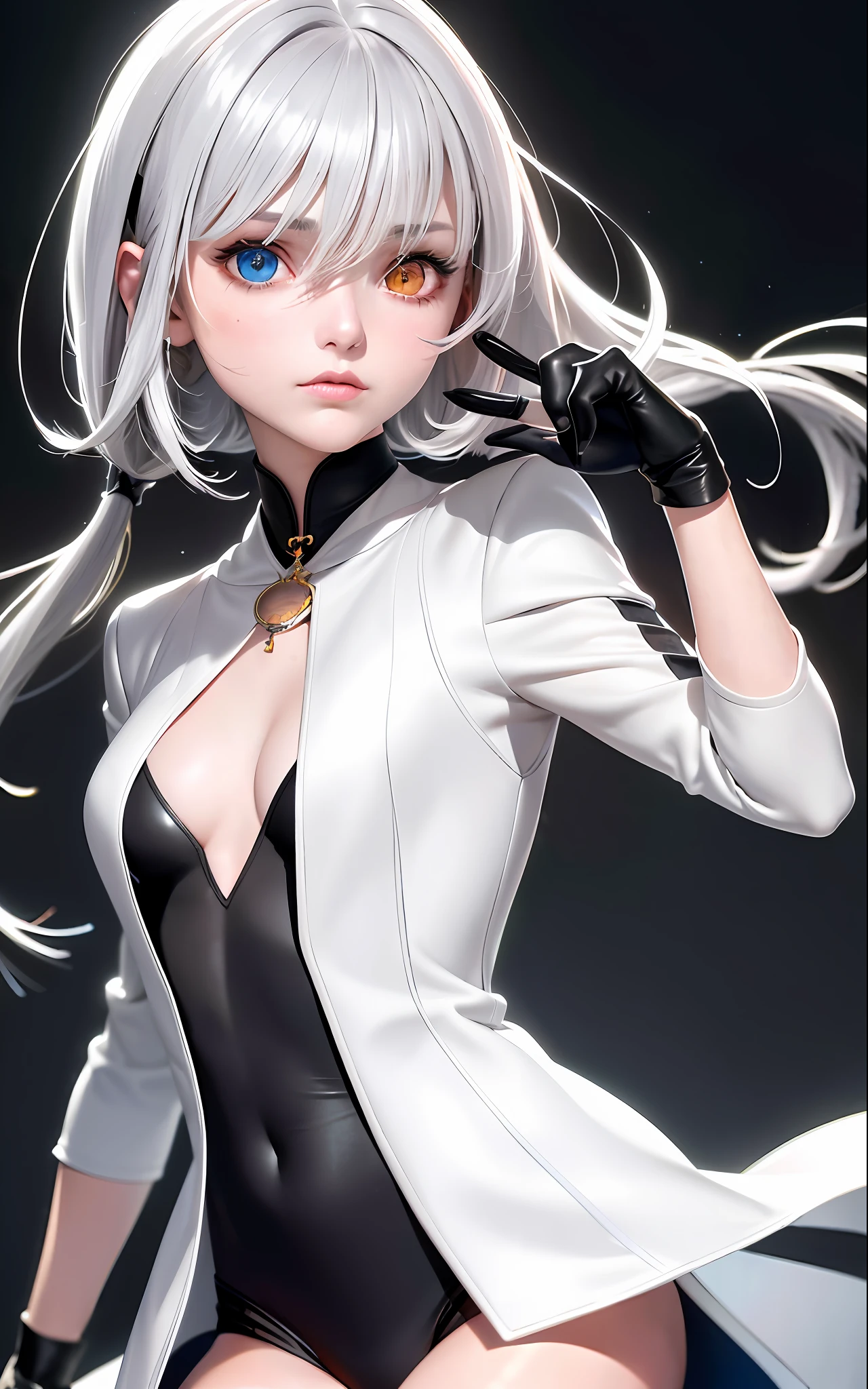 Superb Style, High Resolution, Best Quality, UHD, Super Detail, Award-Awarded, 16k, (Upper Body), A Beautiful Maiden, Gray Hair, Hair, ((Heterochromia)), Hanging Corners, Fair Skin, (Small Breasts), (Slim Body), ((Short Jacket), (Neck Ring), (Short Glove as Short as Half a Palm)