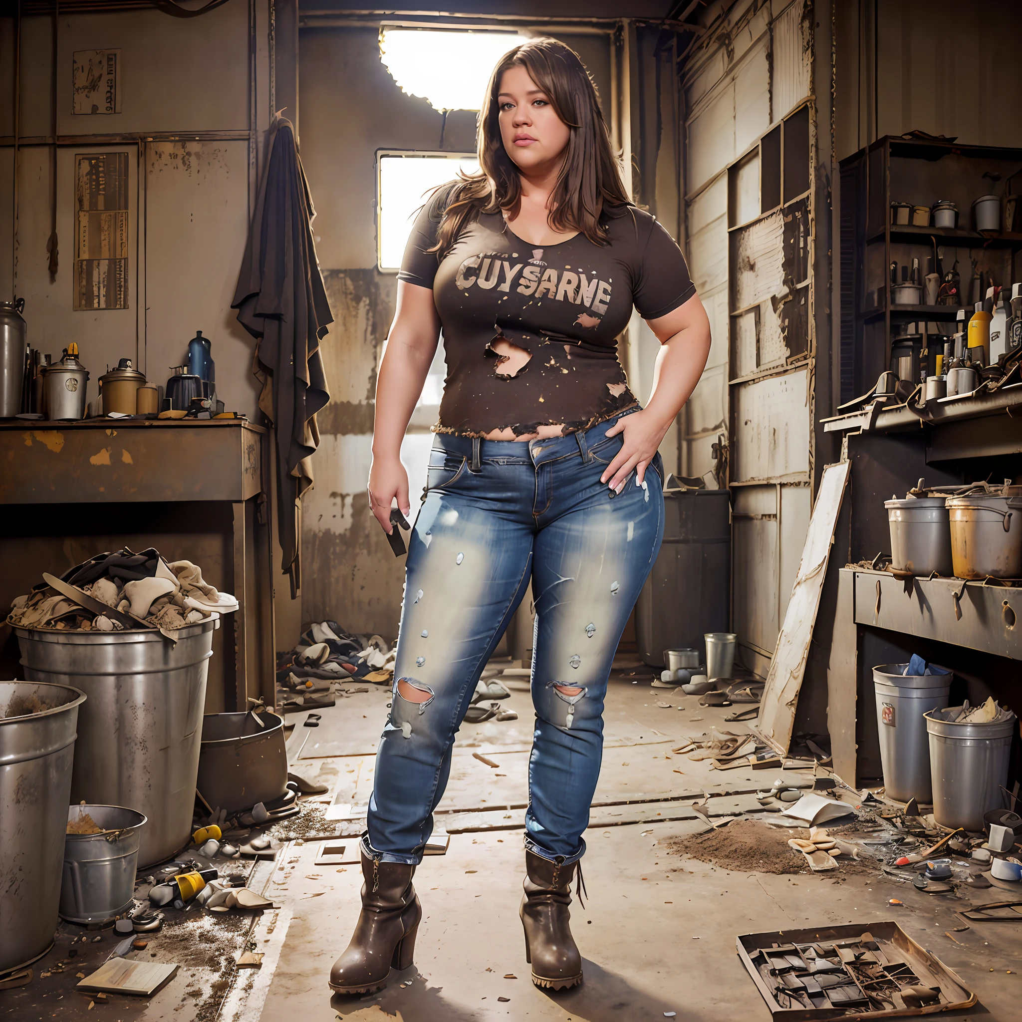((Overweight)) ((chubby)), Kelly Clarkson, small breasts, long brown hair, wearing boot cut ripped jeans, torn t-shirt full of holes, ankle boots, trashed clothes, clothes dirty from oil and dust, standing in a mechanics shop (((full body shot))) (((full length))) (((view side on))) (masterpiece) ((cinematic look))