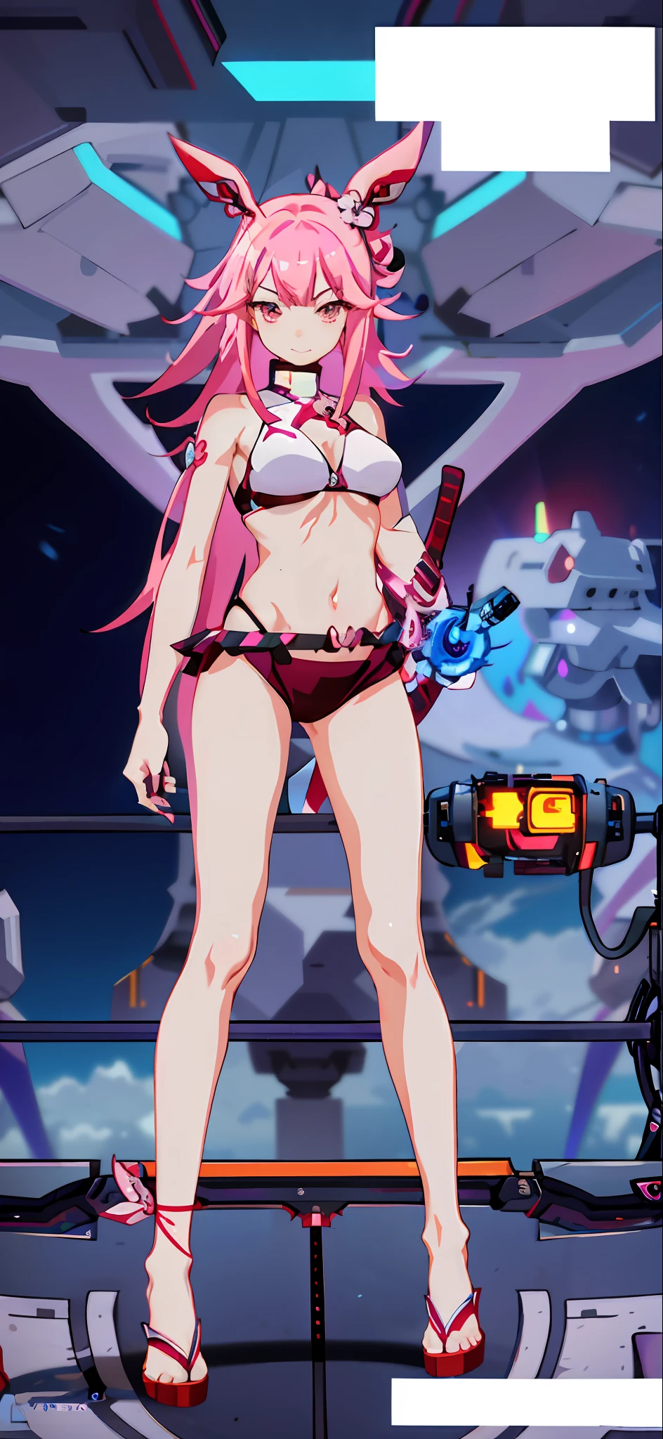 Anime girl in a transgender bikini with a sword and a sword, Azur Lane style, Humanoid Pink Female Squid Girl, from the video game Azur Lane, Holy Cyborg Necromancer Girl, video game character Katana Zero, twintail pink hair and cyan eyes, bikini. Bottom of hell. gore, cyberpunk oppai, seductive biomechanical oppai