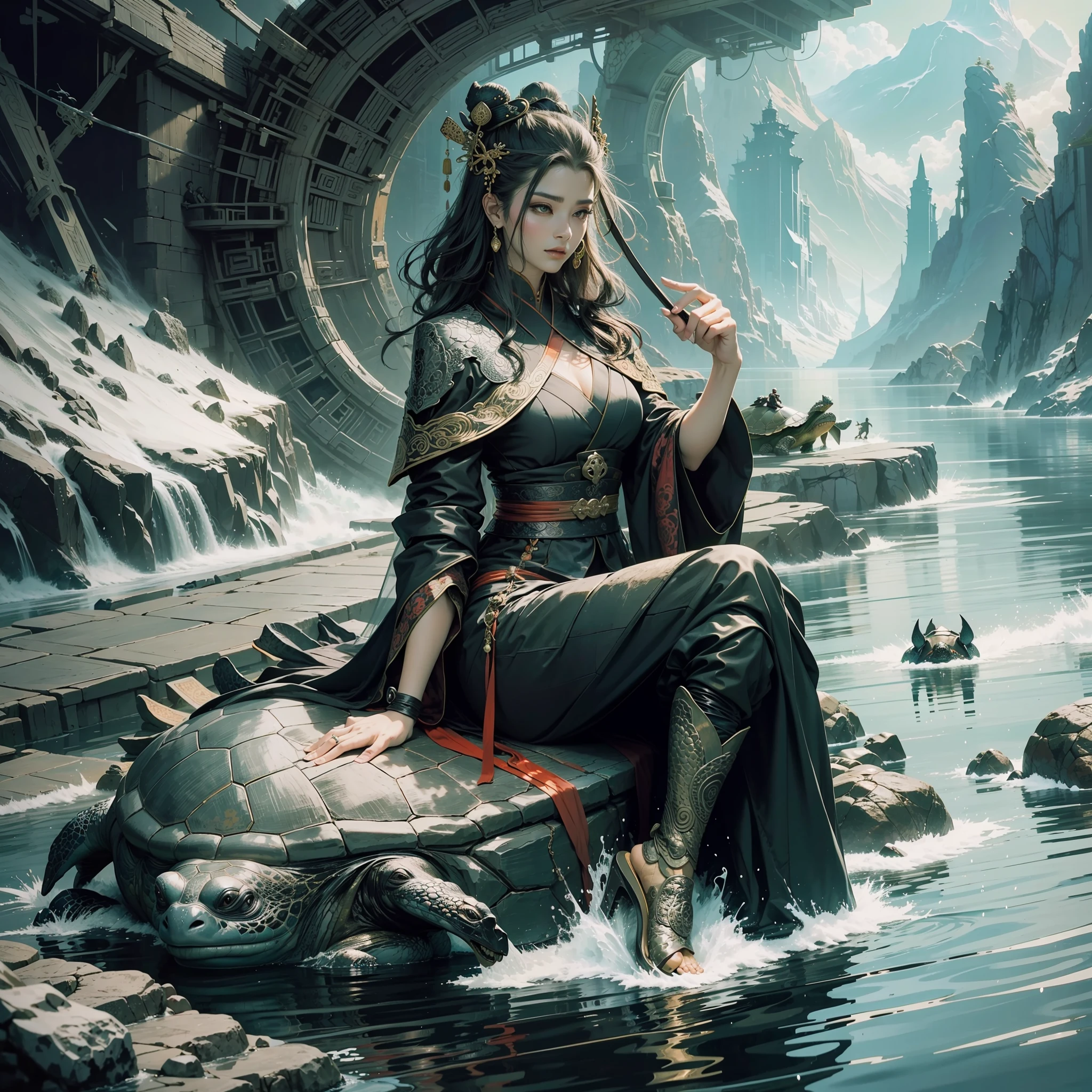 Chinese style, basalt fairy, dragon turtle, ((black giant turtle)), god, queen, gorgeous clothes, beautiful coat, clothes with tortoiseshell pattern, sitting on turtle back, (black robe), hanfu, lake, water, boulder, 32k --niji 5